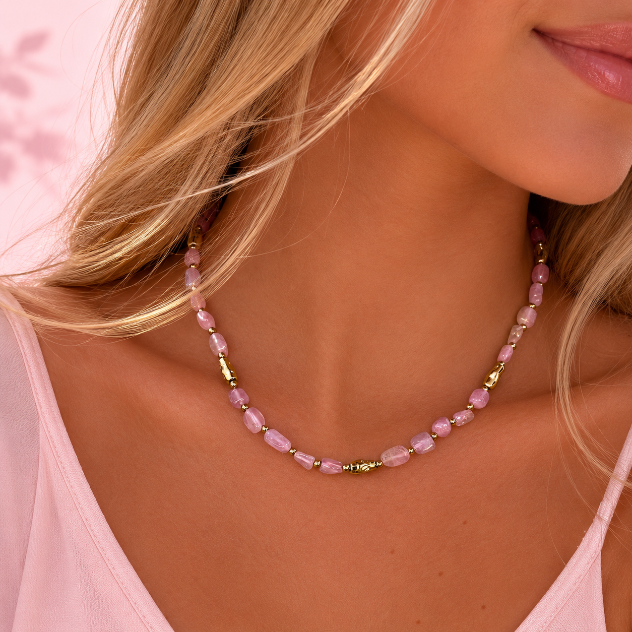 Collier ras de cou en pierres naturelles roses porté par une femme