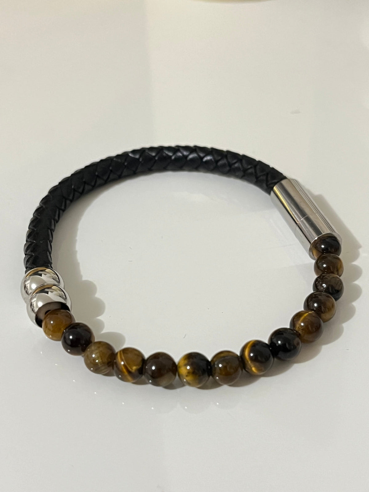 Bracelet Allan pour homme en pierre naturelle œil de tigre, cuir tressé et acier inoxydable
