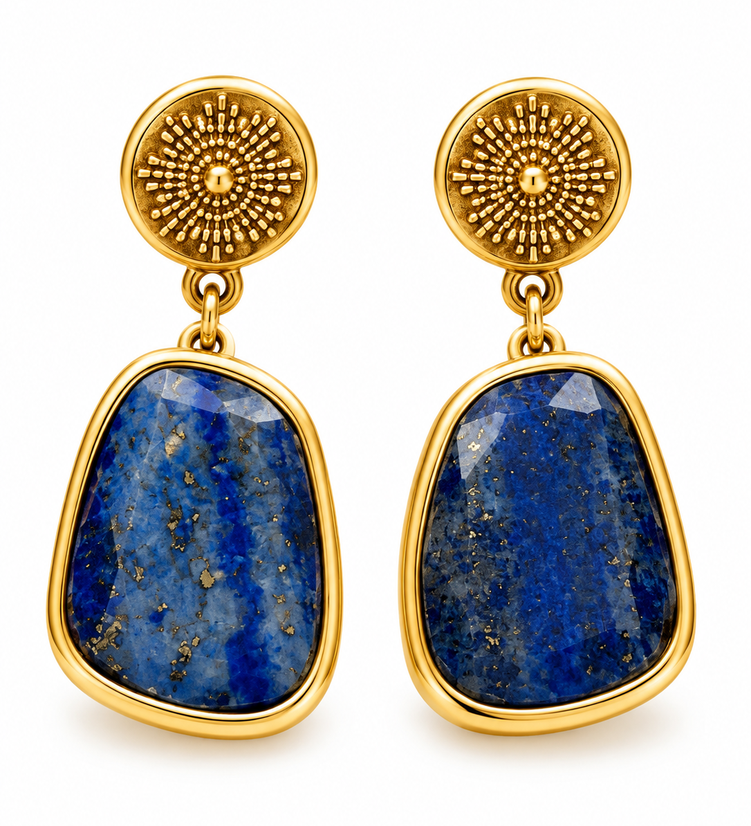 Boucles d'oreilles Arc dorées en acier inoxydable serties de véritable lapis-lazuli bleu - Ordiajade