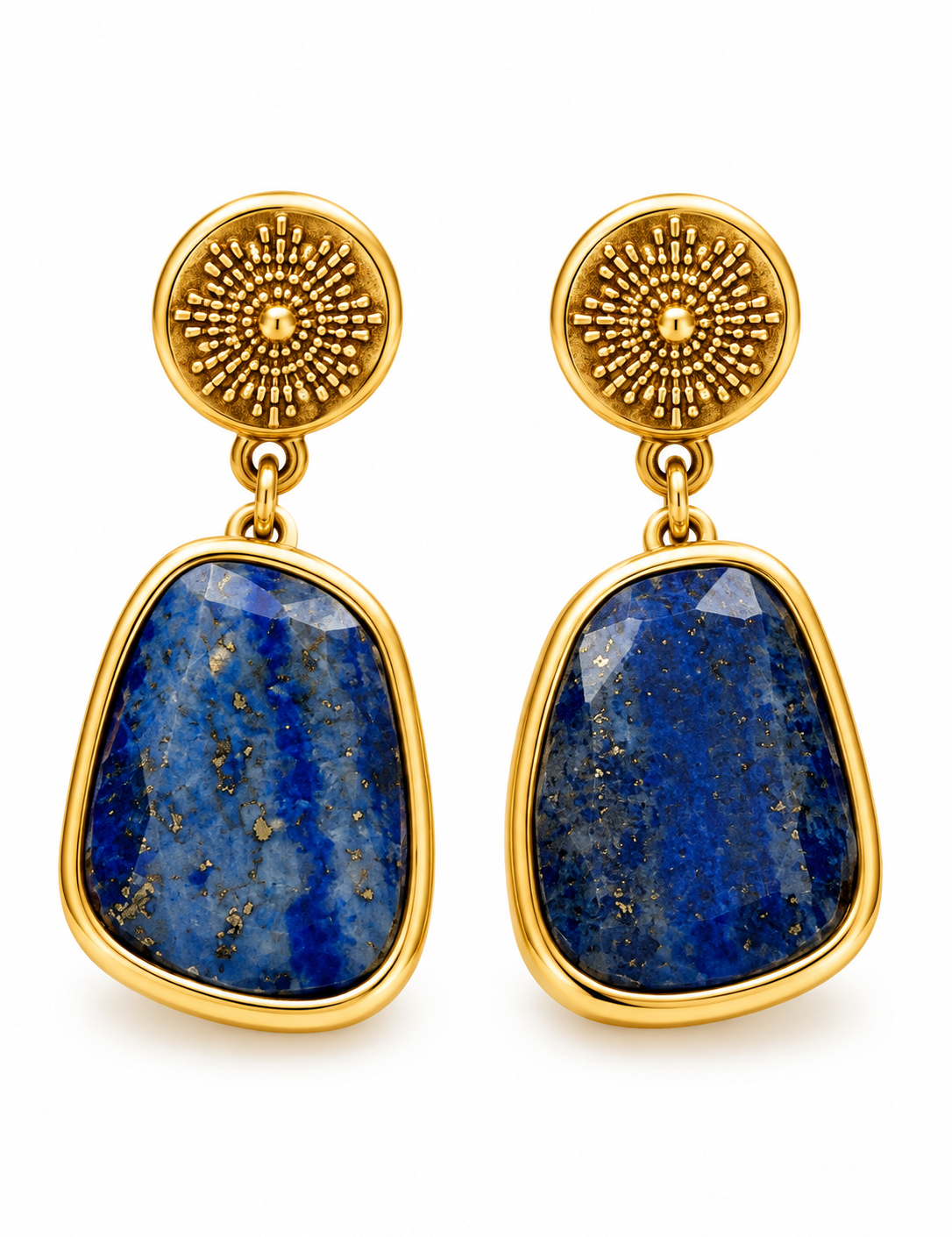 Boucles d'oreilles Arc dorées en acier inoxydable serties de véritable lapis-lazuli bleu - Ordiajade