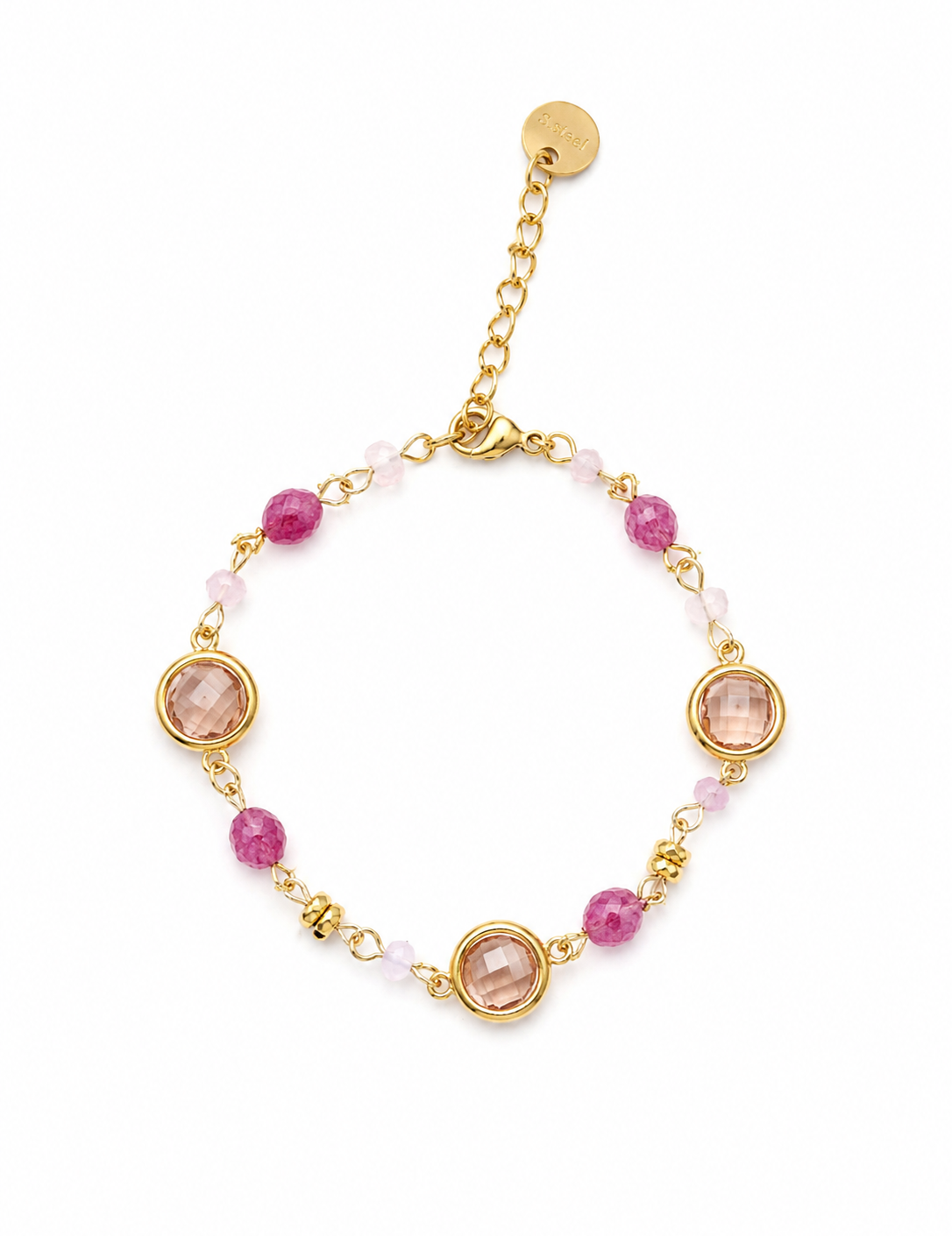 Bracelet Dune doré coloris rose, perles et pierres roses, sur fond blanc - Ordiajade