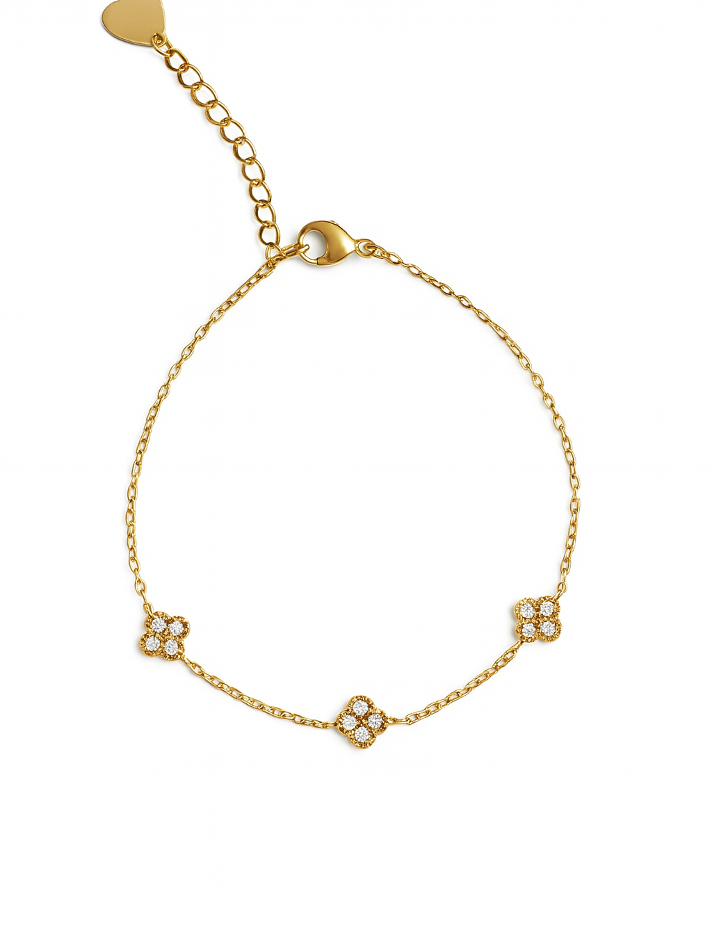 Bracelet Serena doré à trois trèfles sertis de strass, sur fond blanc - Ordiajade