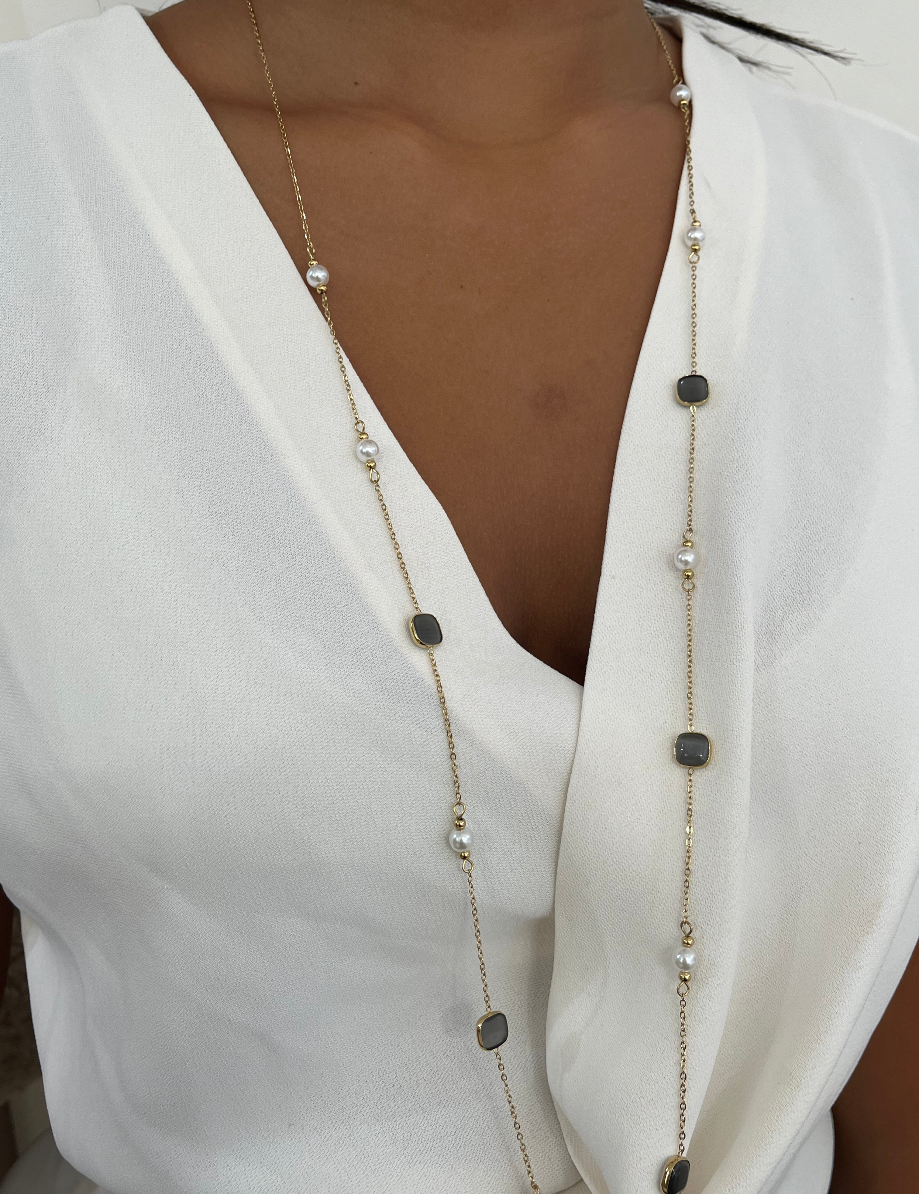 Collier sautoir  Lolita doré et gris en acier inoxydable 316L résistant à l’eau