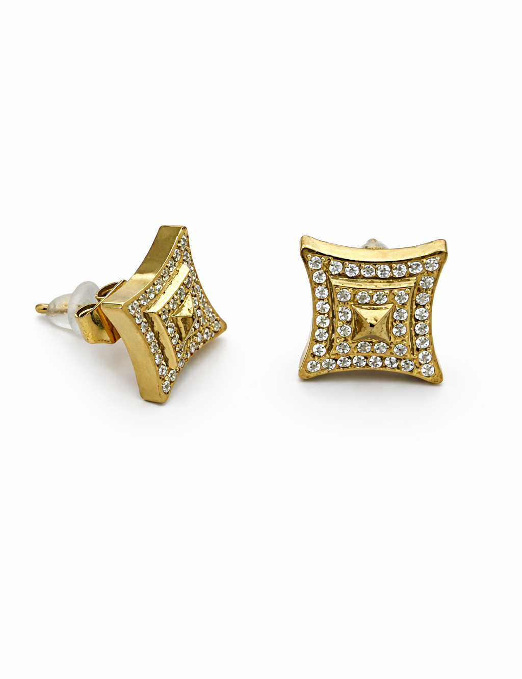 Boucles 7G, puces carrées dorées pavées de strass, sur fond blanc - Ordiajade