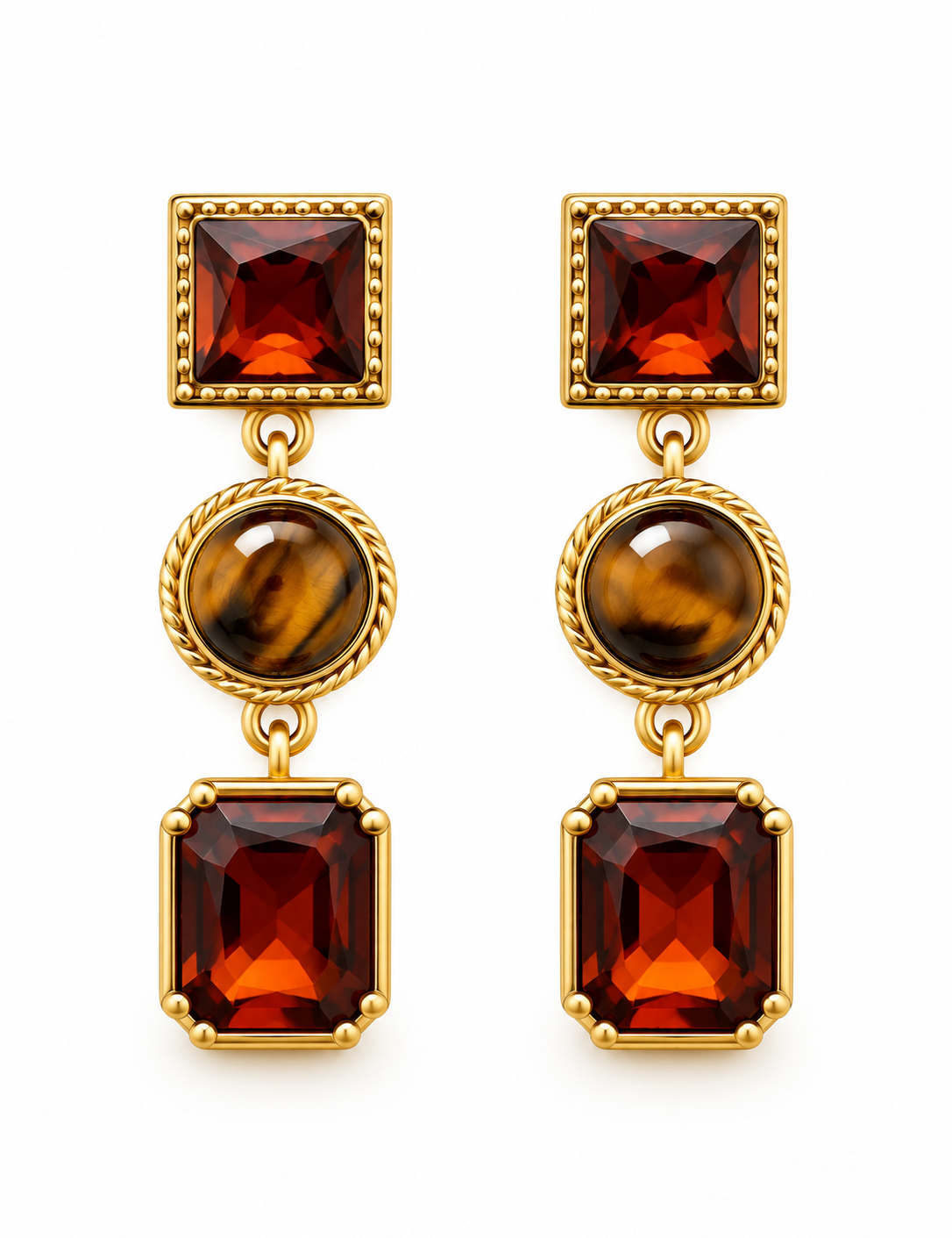 Boucles d'oreilles Vendôme dorées à pierres œil de tigre ambrées en acier inoxydable - Ordiajade