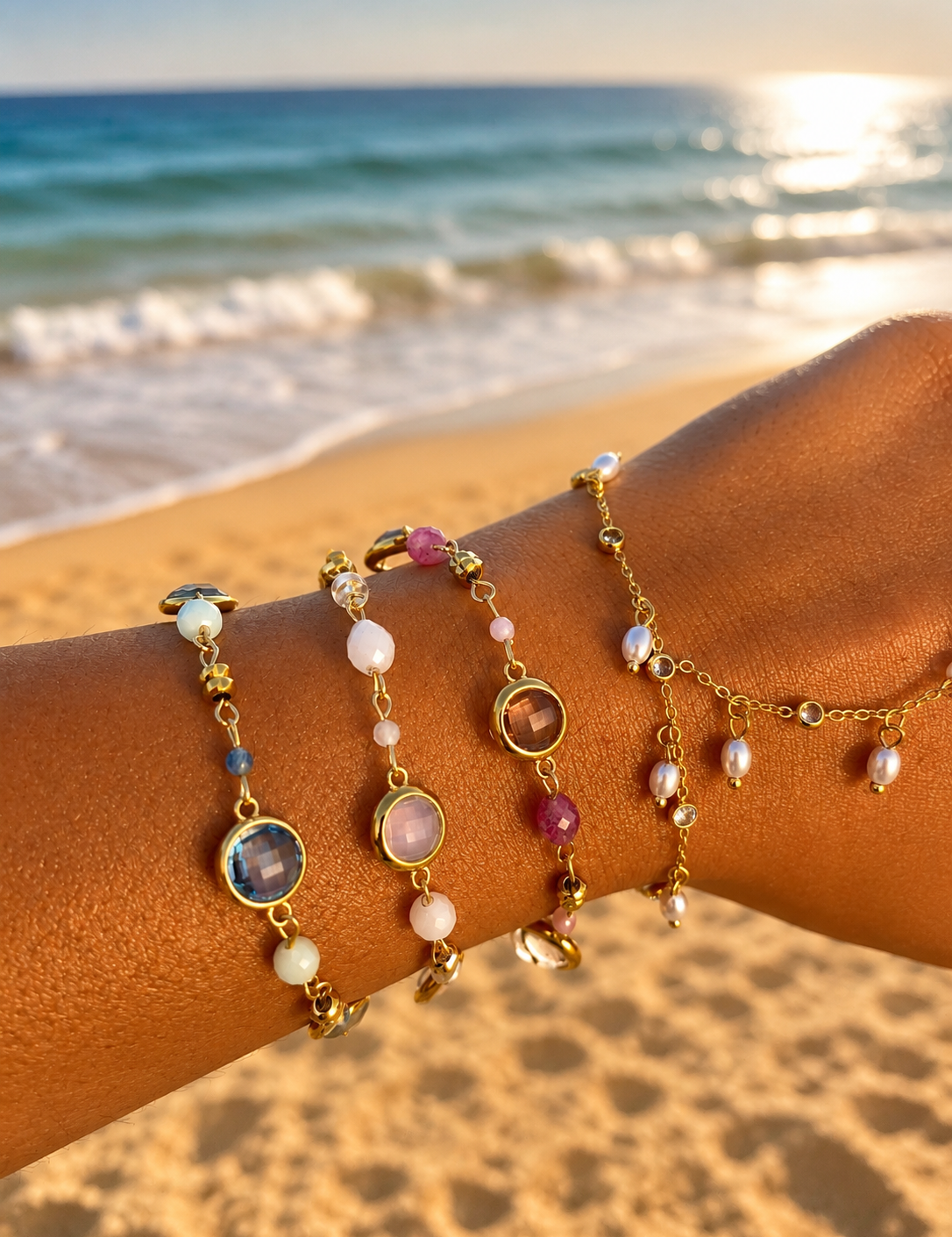Bracelets Dune dorés à perles et pierres colorées portés au poignet à la plage - Ordiajade