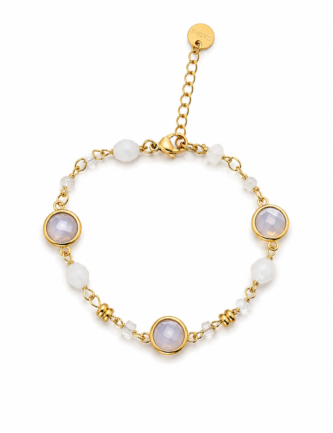 Bracelet Dune doré coloris blanc, perles et pierres claires, sur fond blanc - Ordiajade