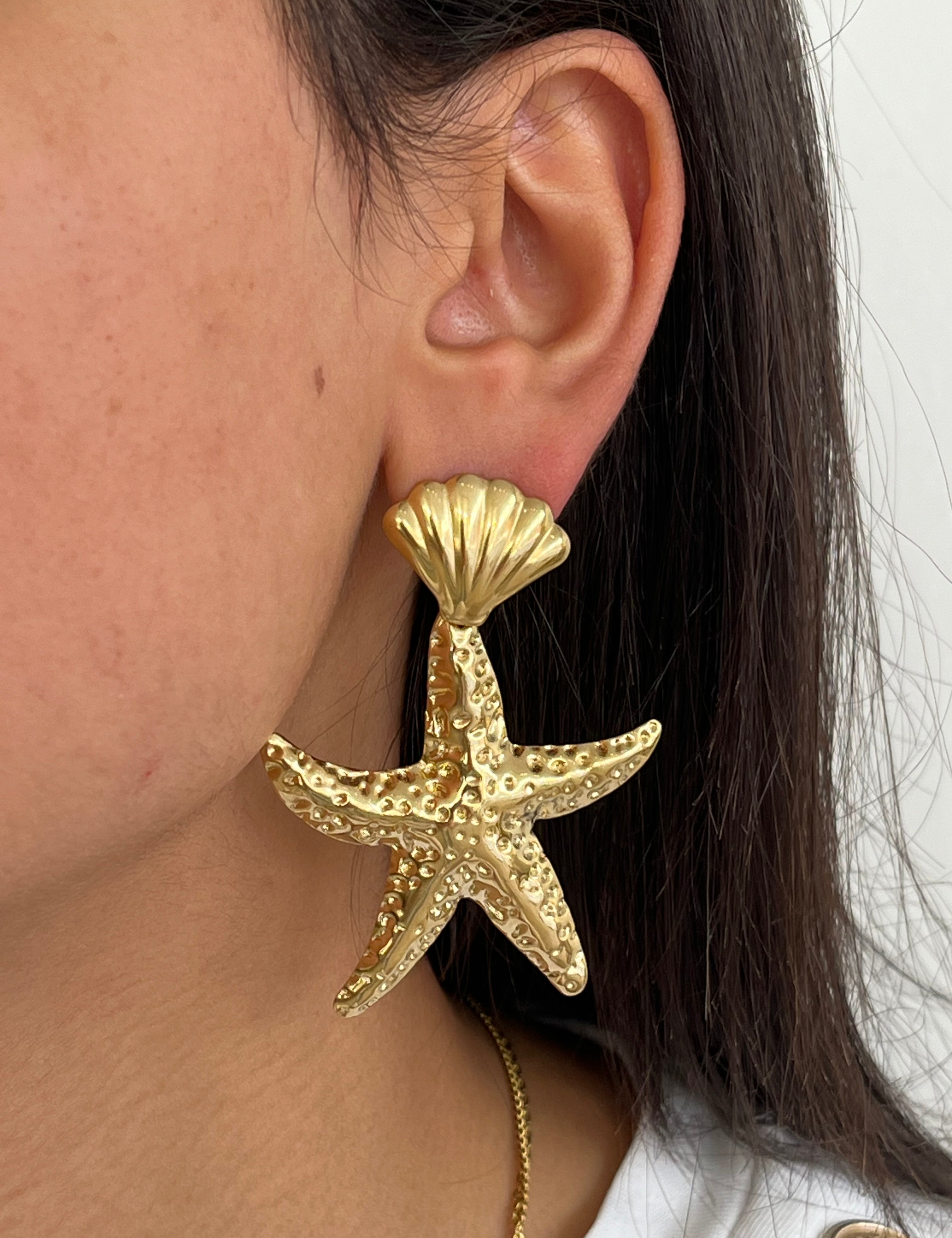 Boucle d’oreille Étoile de mer doré en acier inoxydable 316L Ordiajade, résistant à l’eau et hypoallergénique