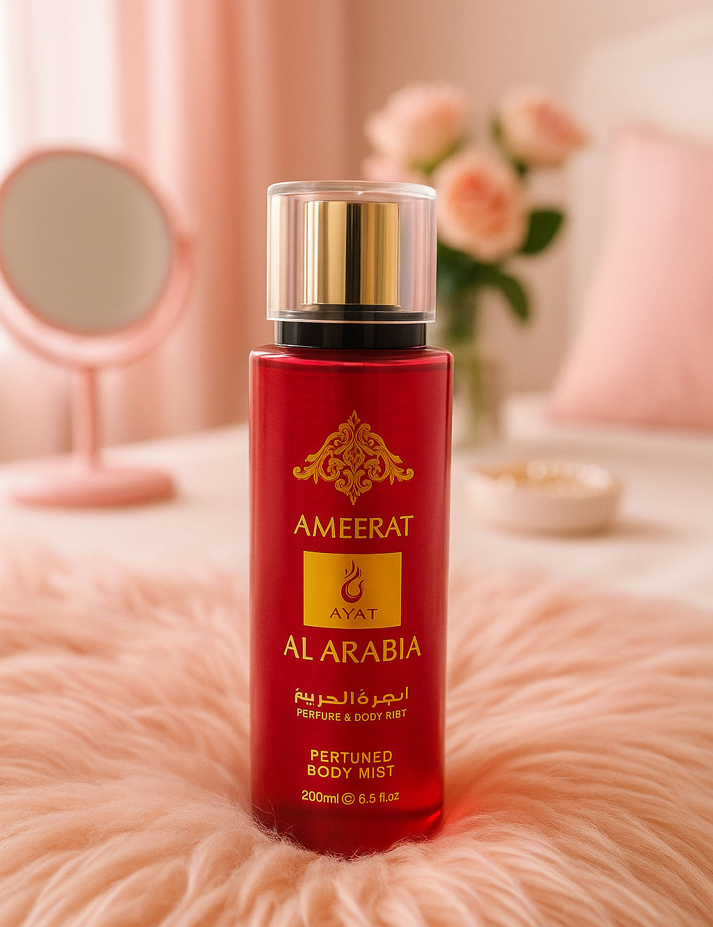 Brume corporelle Ameerat Al Arabia, flacon rouge et doré dans un décor rose - Ordiajade