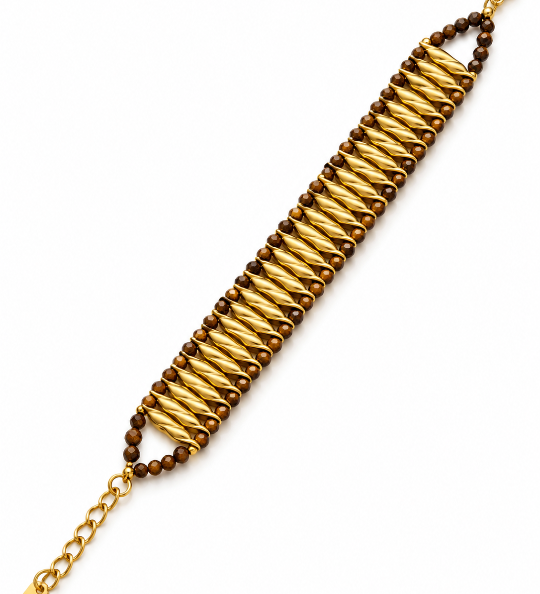 Bracelet Monceau à perles brunes facettées et maillons dorés torsadés - Ordiajade