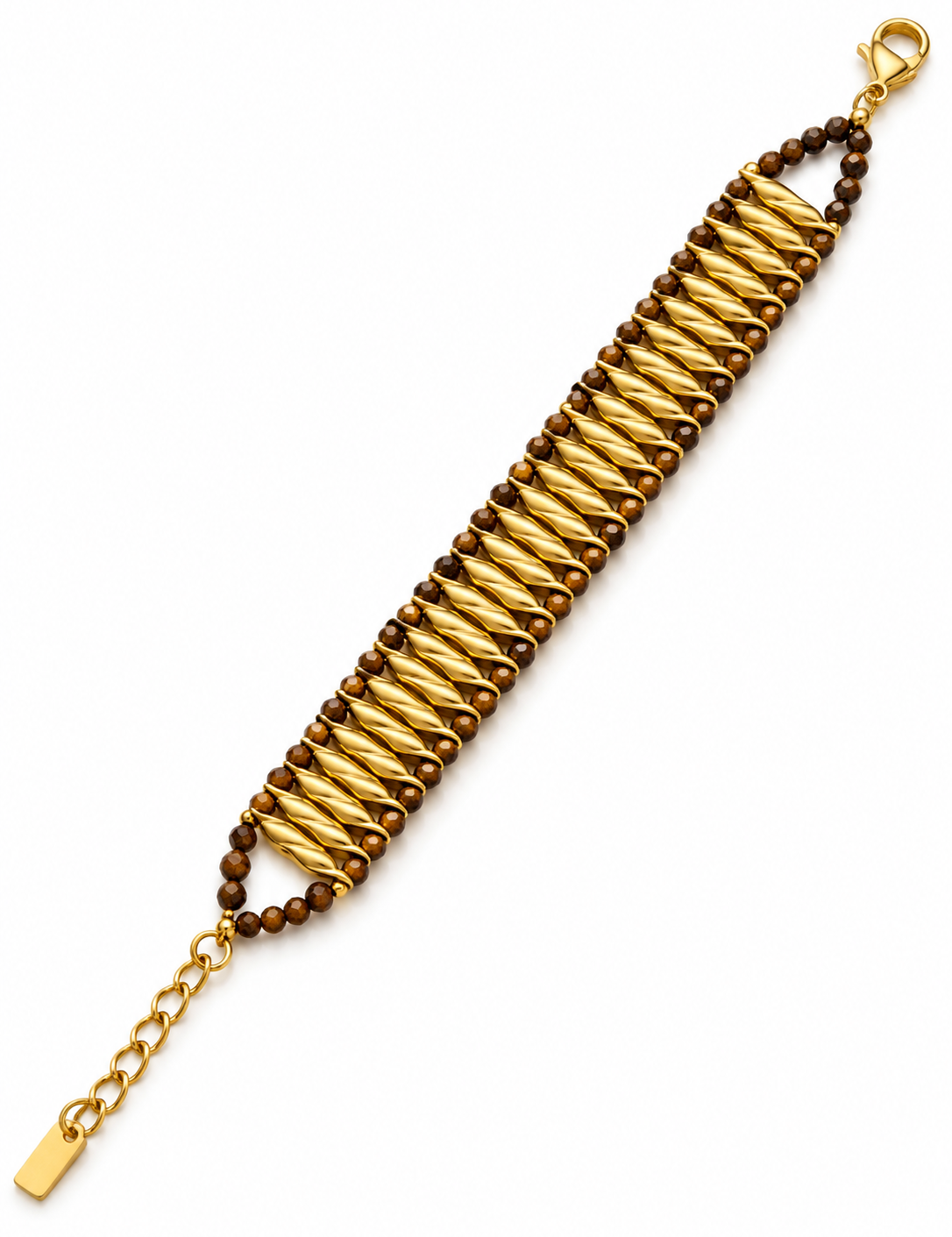 Bracelet Monceau à perles brunes facettées et maillons dorés torsadés - Ordiajade