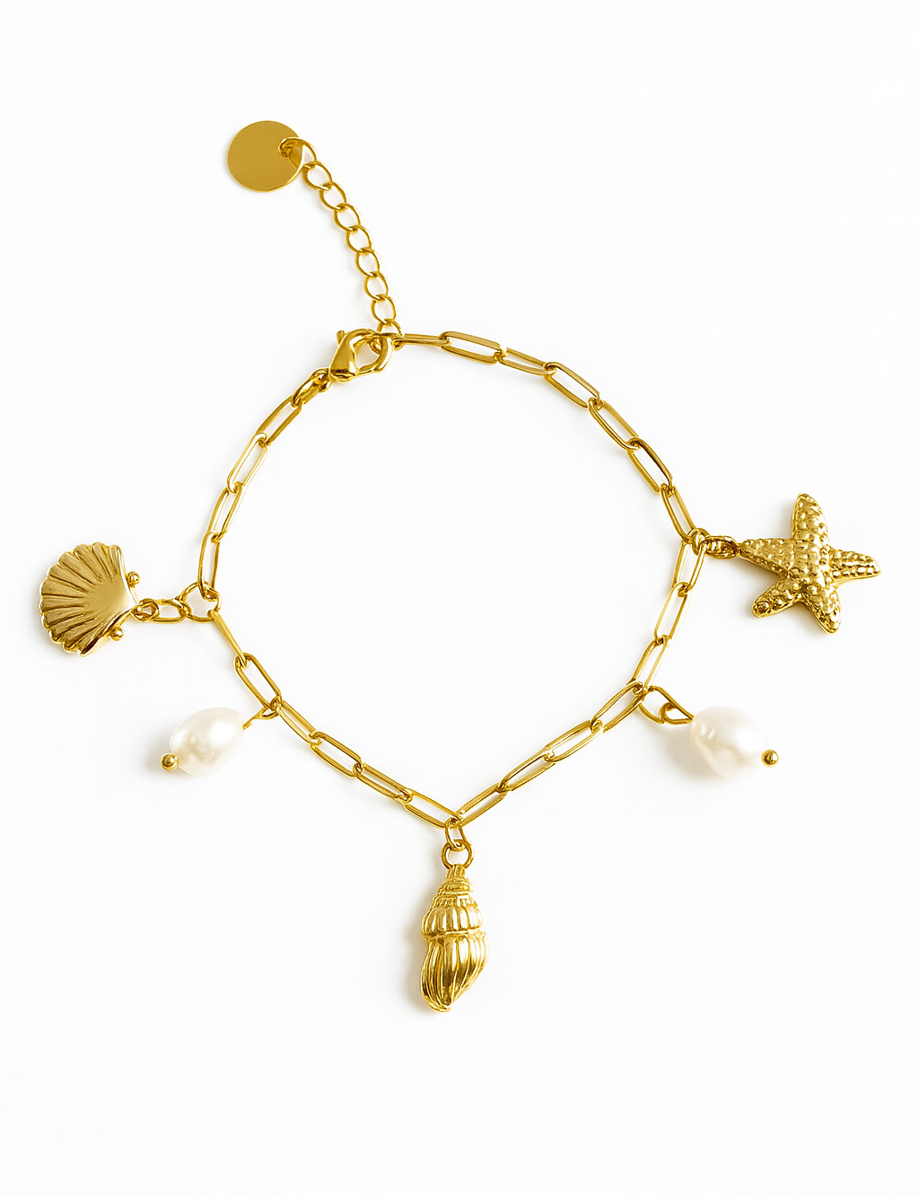 Bracelet Plata doré à breloques coquillage, étoile de mer et perles, sur fond blanc - Ordiajade