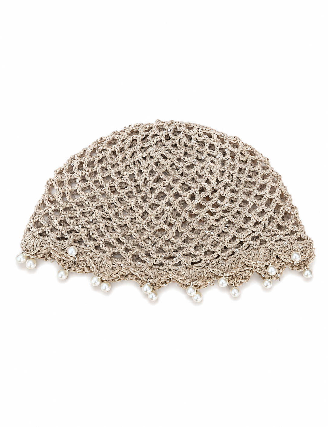 Bonnet crochet Taupe ajouré à bordure de perles, sur fond blanc - Ordiajade