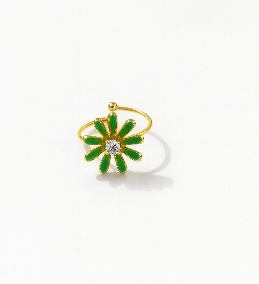 Bague Flower Green  doré en acier inoxydable 316L Ordiajade, résistant à l’eau et hypoallergénique