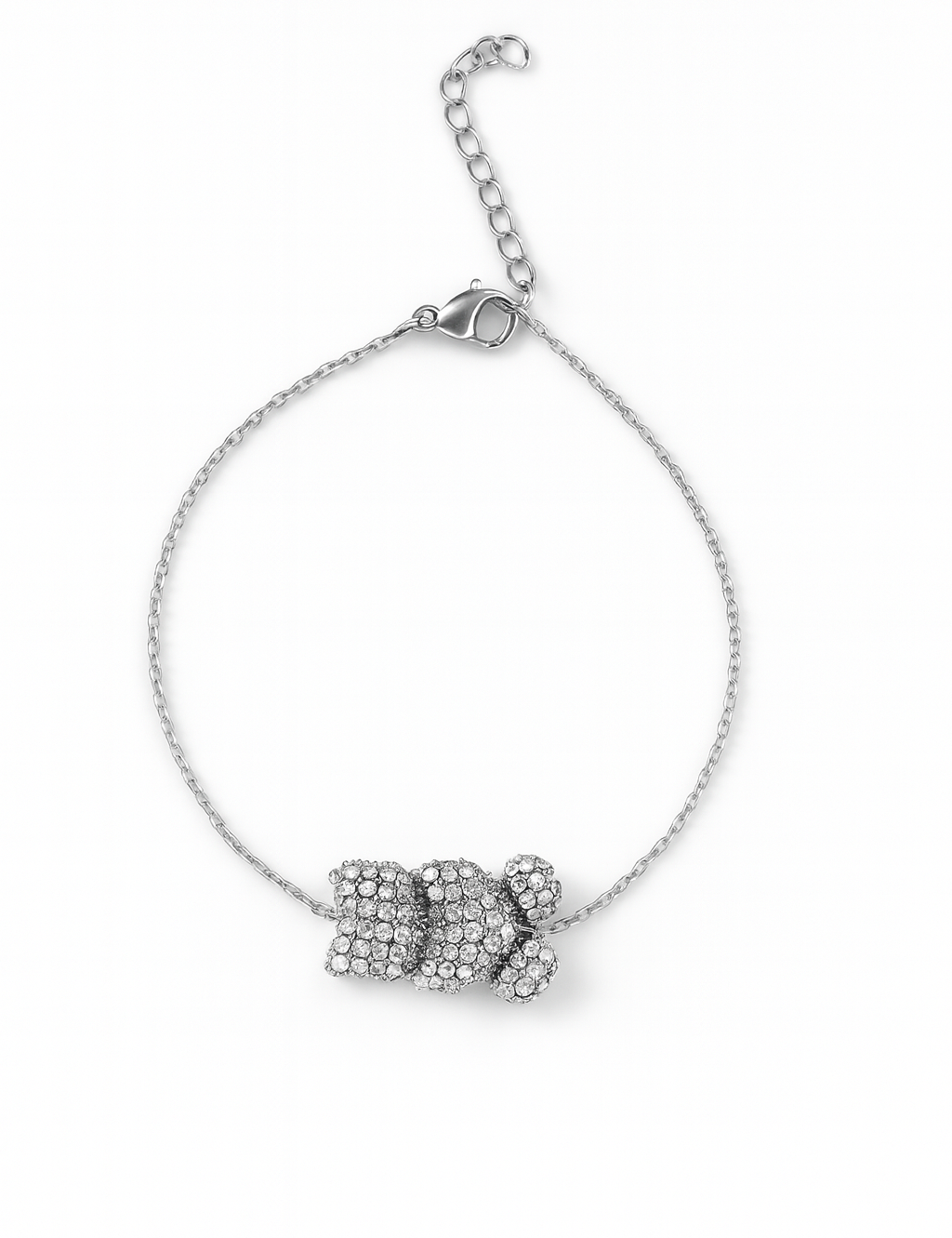 Bracelet Ourson argenté à petit ourson serti de strass, sur fond blanc - Ordiajade