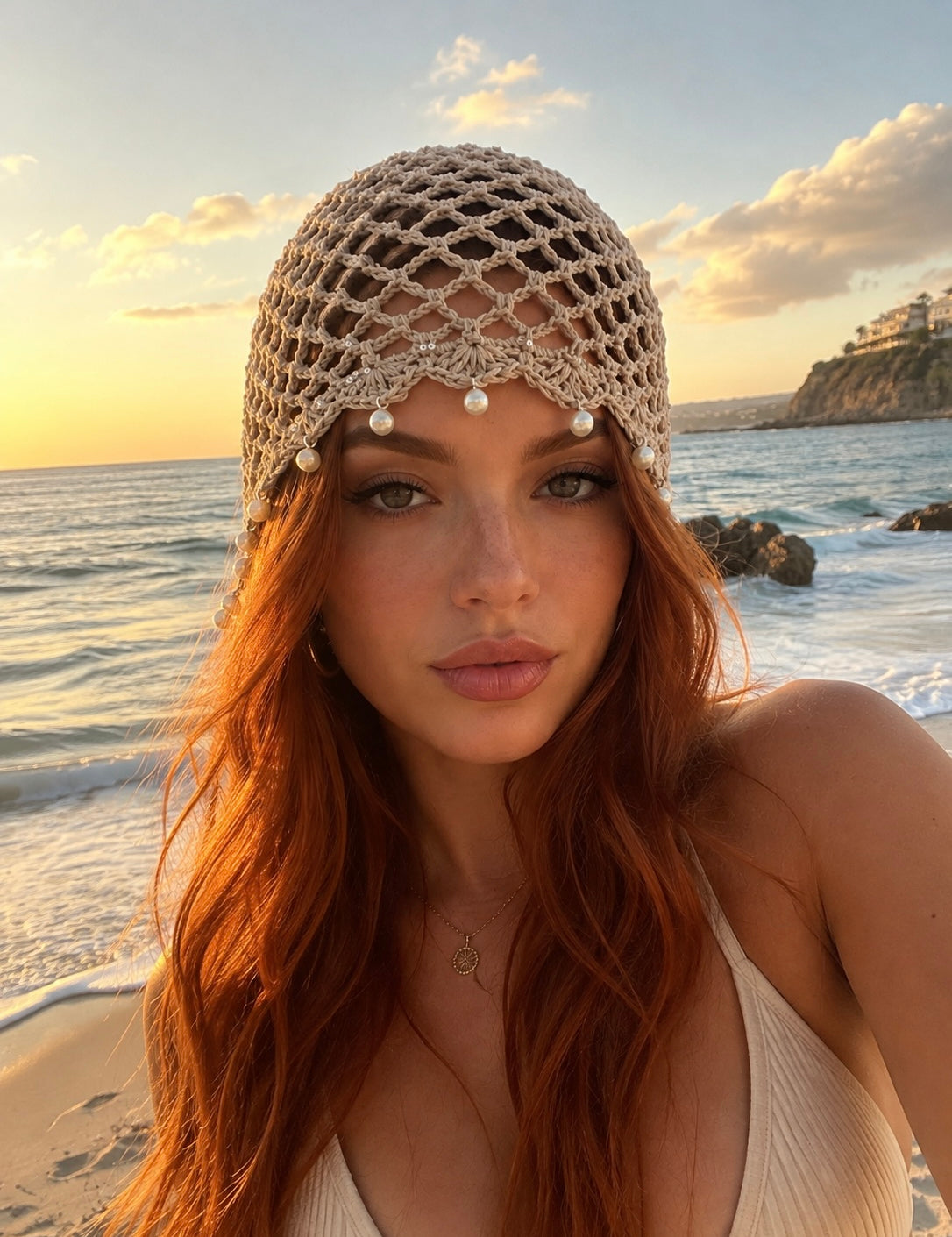Bonnet crochet Taupe ajouré bordé de petites perles, porté au bord de la mer - Ordiajade