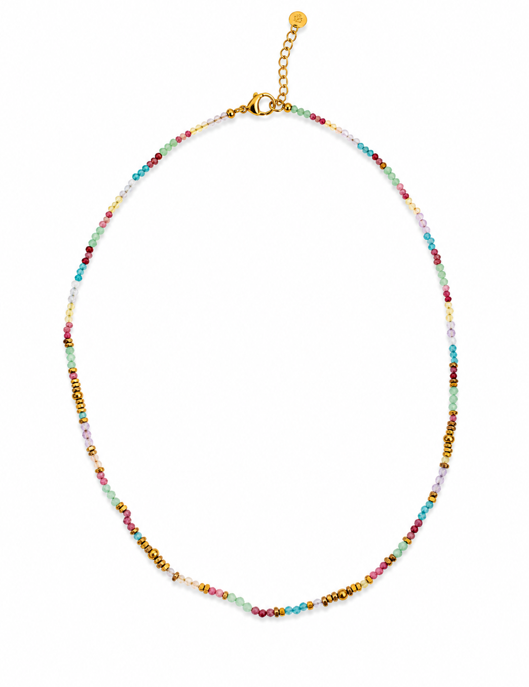 Collier Dam fin en perles multicolores rose, turquoise et doré posé à plat - Ordiajade