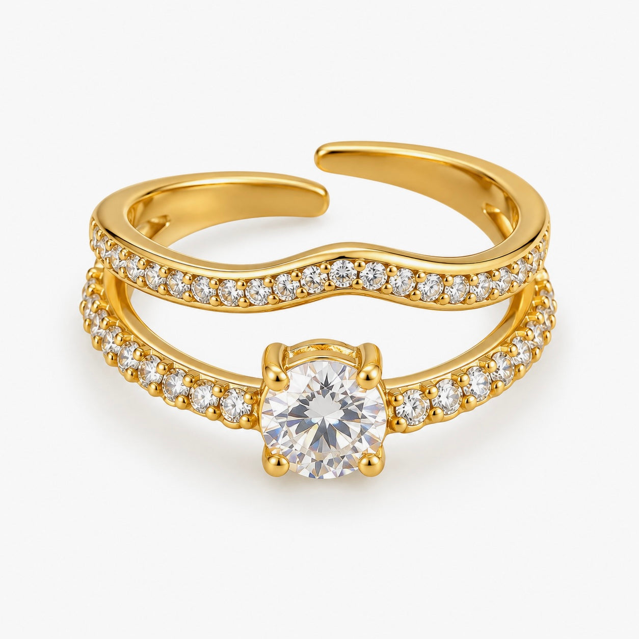 Bague Versailles dorée ajustable avec zircon central et deux rangées pavées - Ordiajade