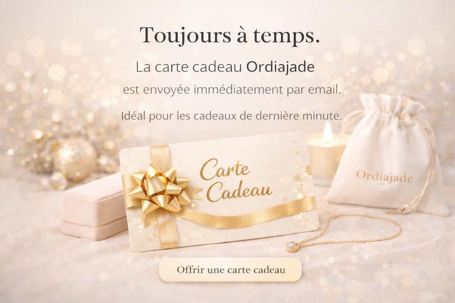 E-carte cadeau Ordiajade envoyée immédiatement par e-mail, visuel festif doré