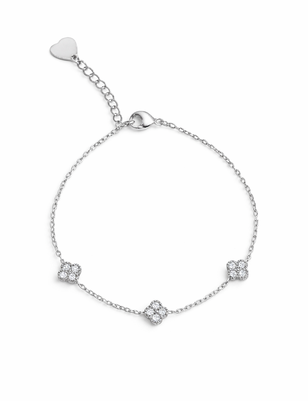 Bracelet Serena argenté à trois trèfles sertis de strass, sur fond blanc - Ordiajade