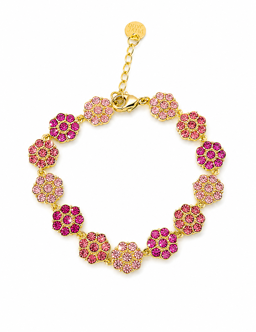 Bracelet Nacri Rose doré à médaillons fleurs pavés de cristaux roses et fuchsia, sur fond blanc - Ordiajade