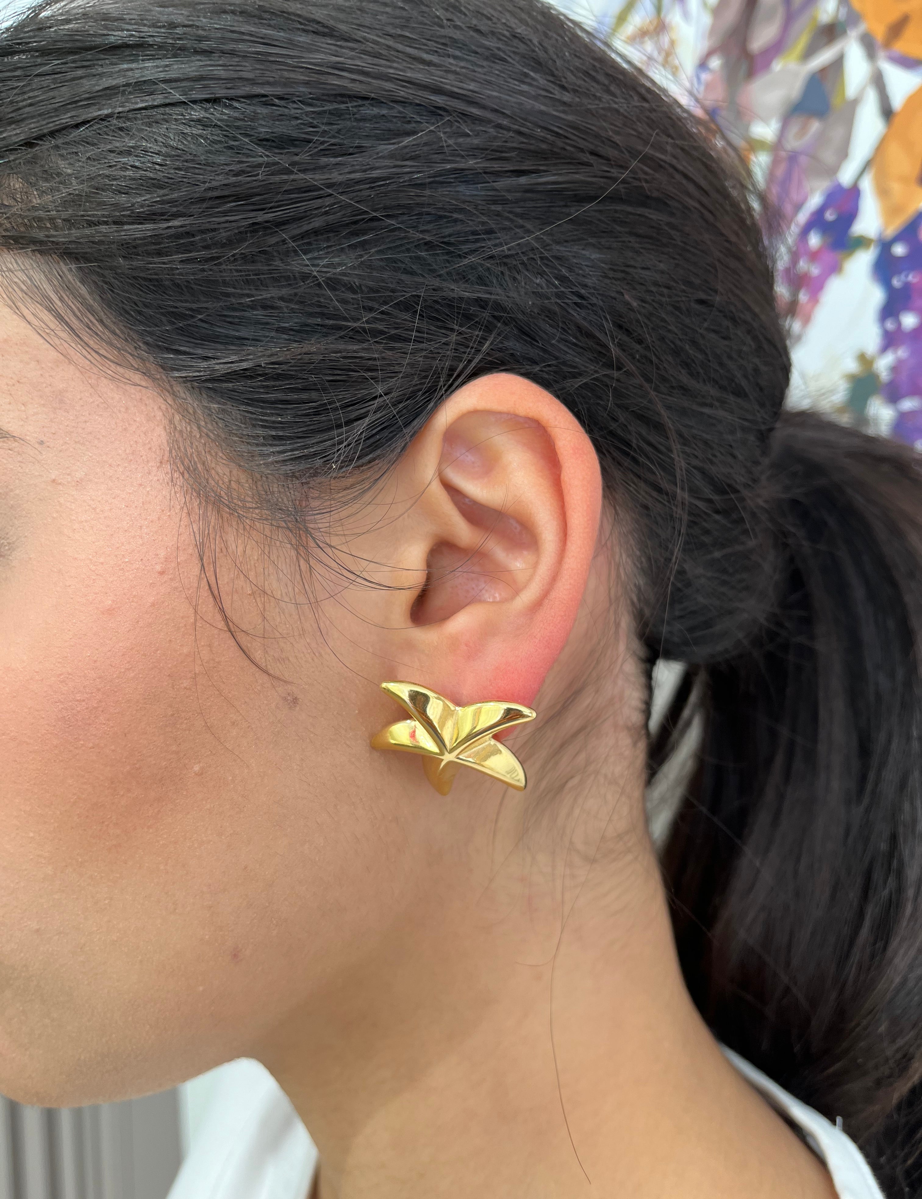 Boucles Mer, puces dorées en forme d'étoile de mer portées à l'oreille - Ordiajade