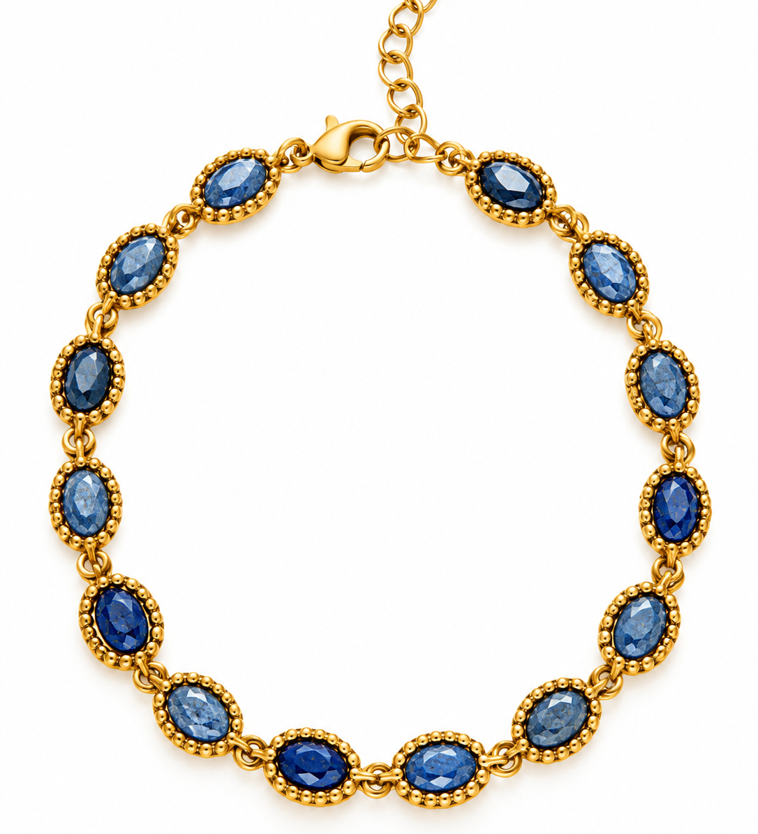 Bracelet Louvre doré à pierres ovales bleues serties dans des montures perlées en acier inoxydable - Ordiajade