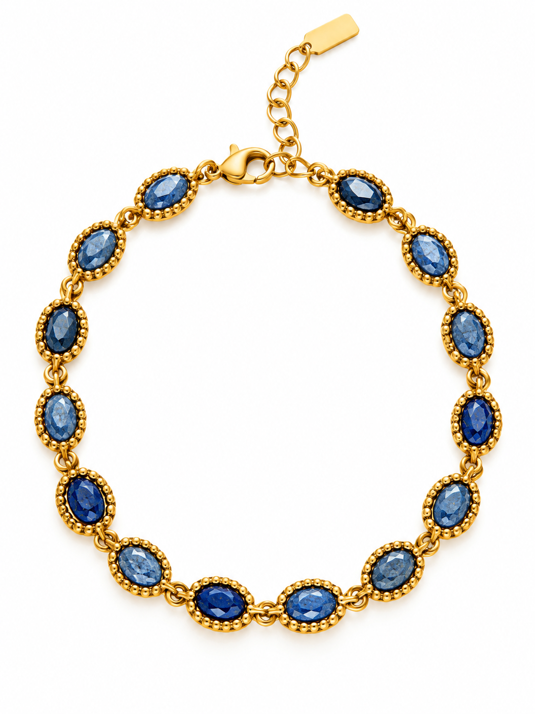 Bracelet Louvre doré à pierres ovales bleues serties dans des montures perlées en acier inoxydable - Ordiajade