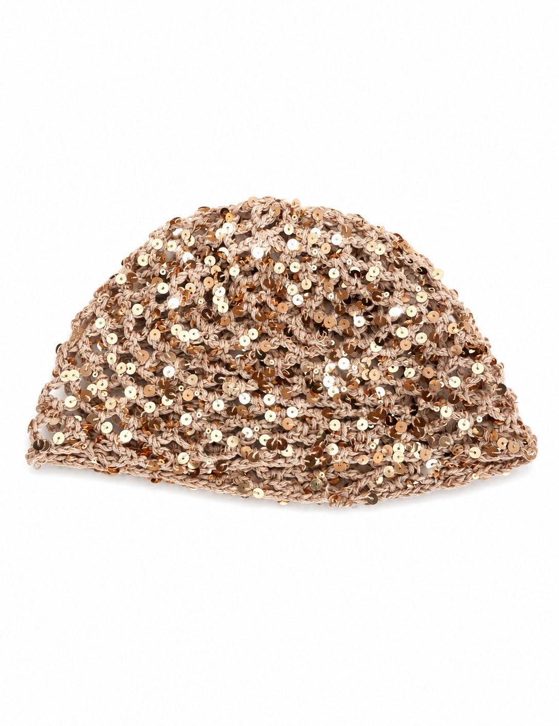 Bonnet crochet Gold doré ajouré à finitions scintillantes, sur fond blanc - Ordiajade