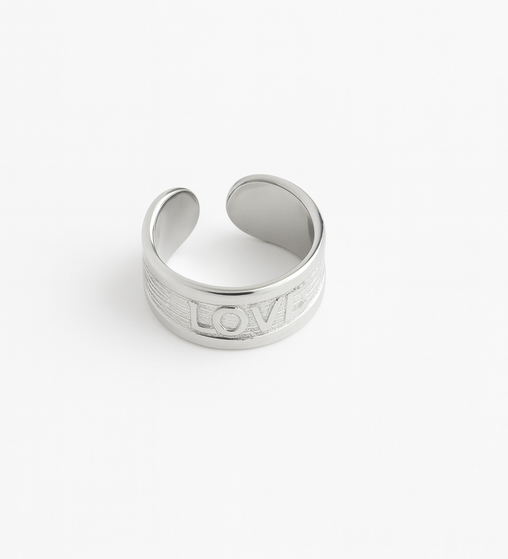Bague Love argent en acier inoxydable 316L Ordiajade, waterproof et hypoallergénique
