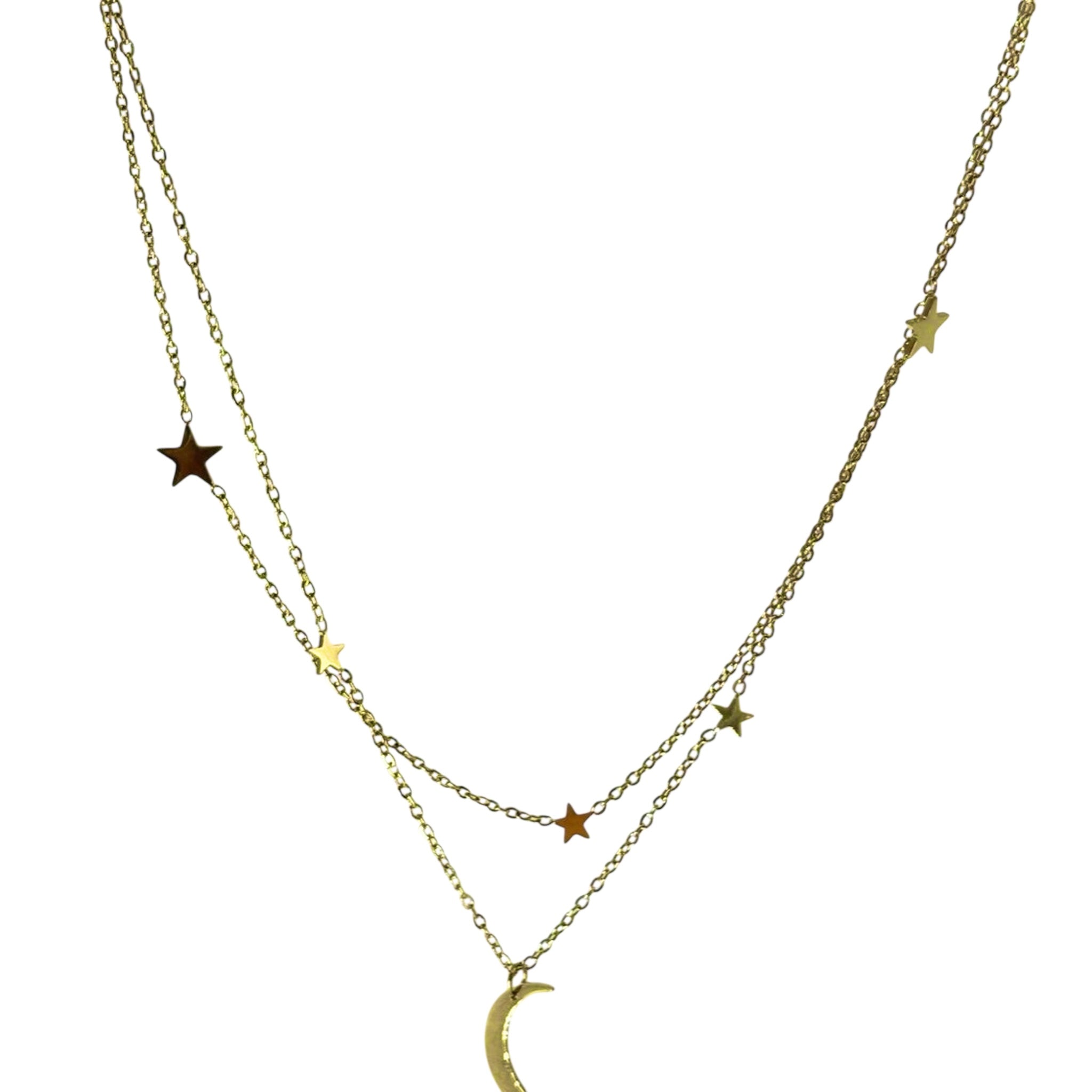 Collier Nuit Étoilée doré à étoiles et lune, sur fond blanc - Ordiajade