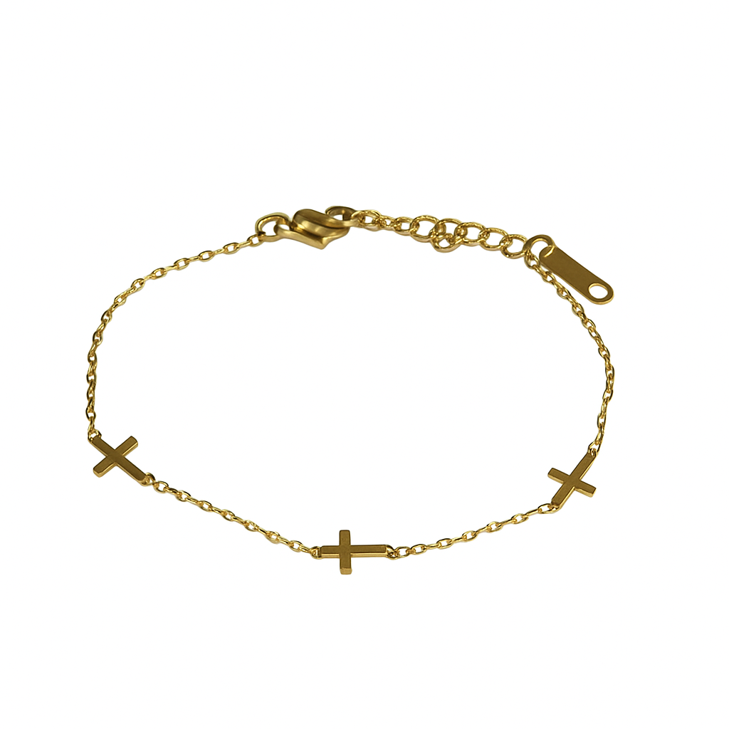 Bracelet Naya Croix doré, chaîne fine ponctuée de petites croix, sur fond blanc - Ordiajade