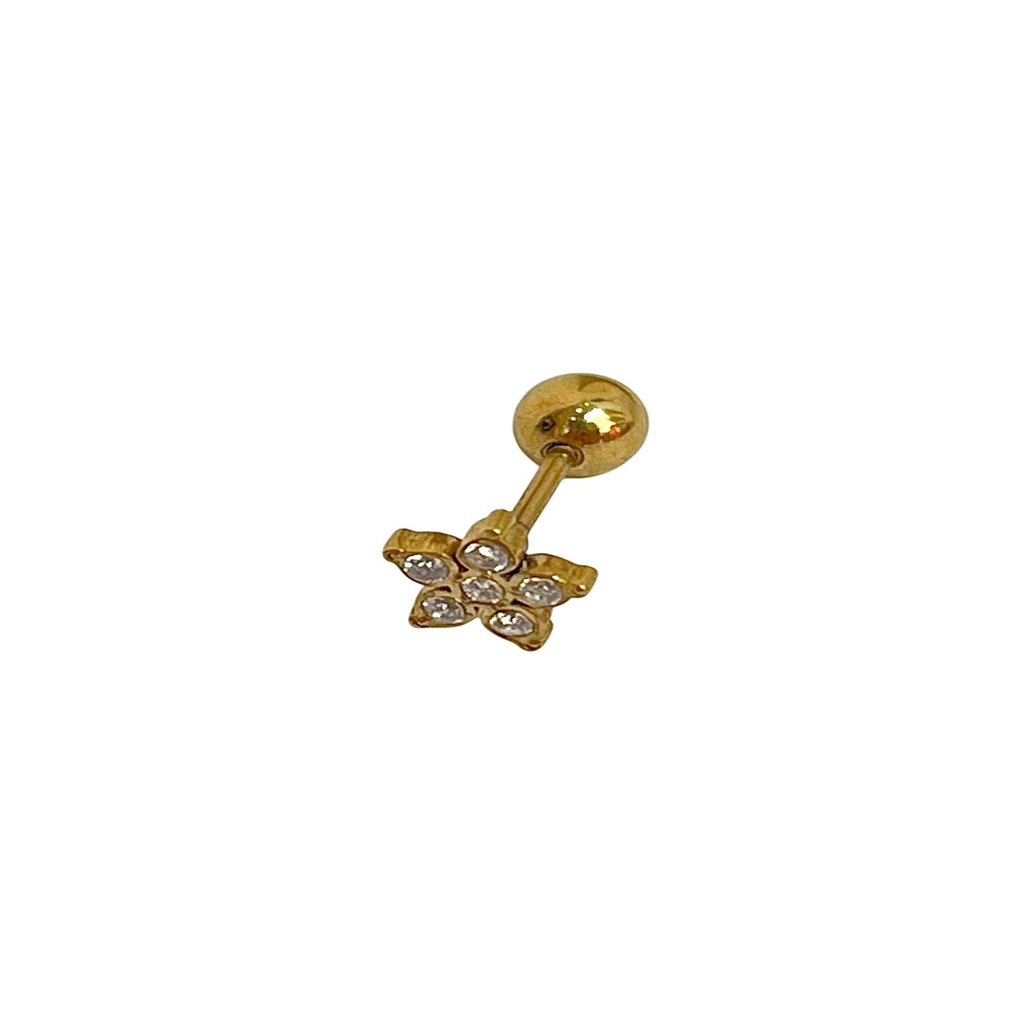 Piercing Trèfle doré à tige orné d'un trèfle serti de strass, sur fond blanc - Ordiajade