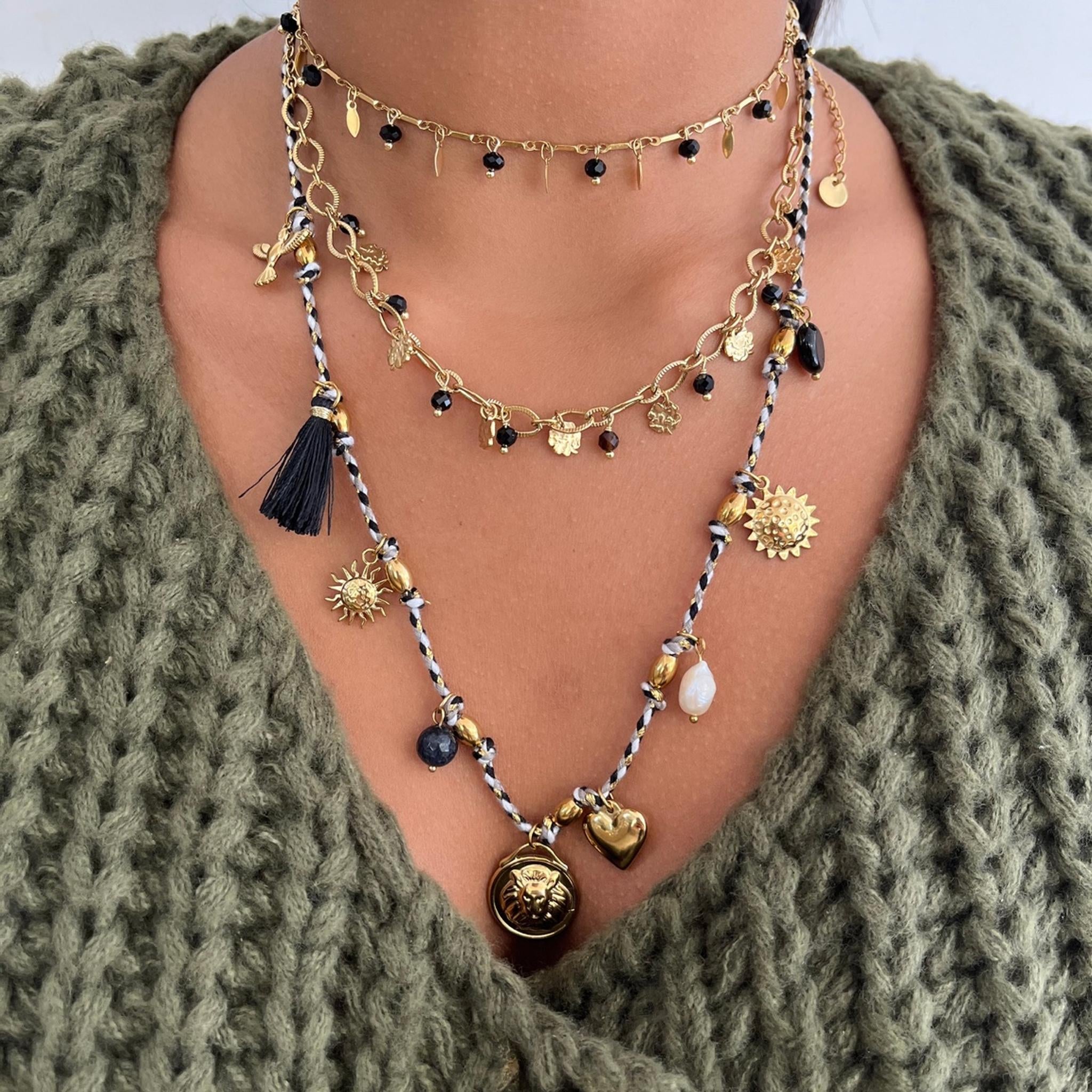 Collier Pimpant tissu et  doré en acier inoxydable 316L résistant à l’eau
