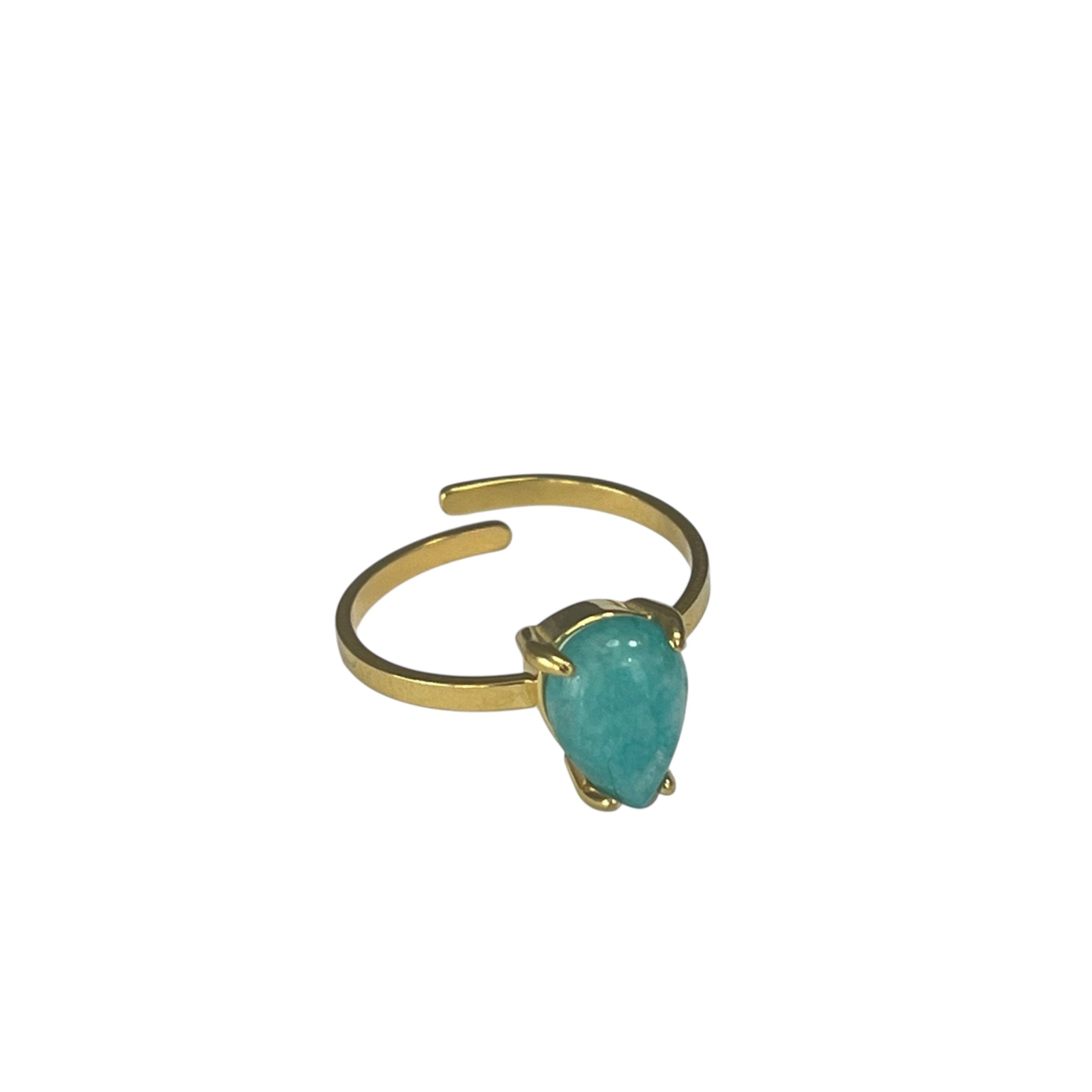 Bague Amablue dorée ouverte à pierre bleue en goutte, sur fond blanc - Ordiajade