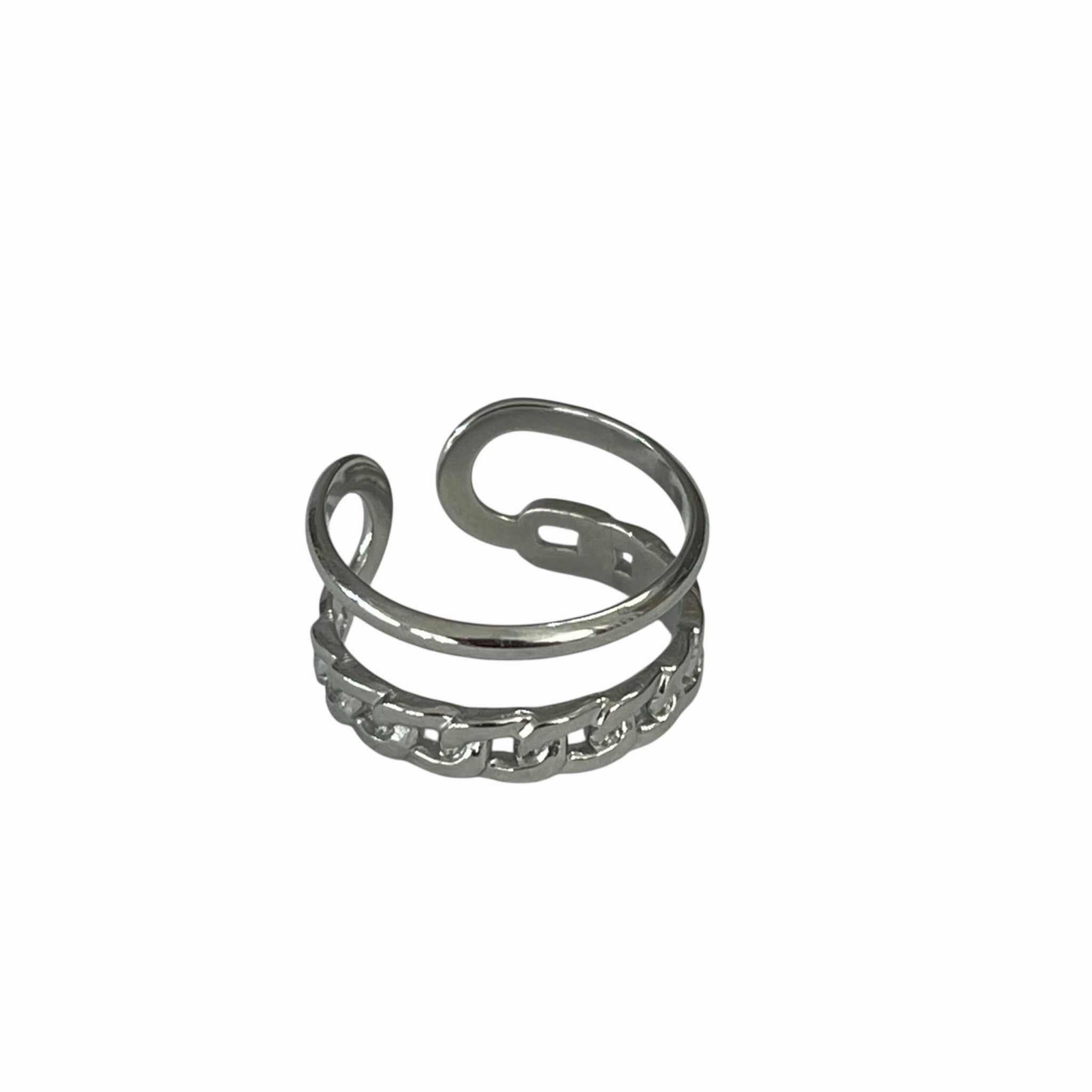 Bague Asli argentée ouverte à double anneau lisse et en maillons, sur fond blanc - Ordiajade