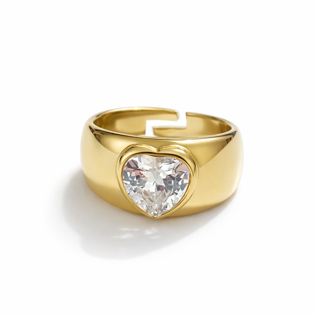Bague large dorée en acier inoxydable avec strass en forme de cœur Stones - Ordiajade