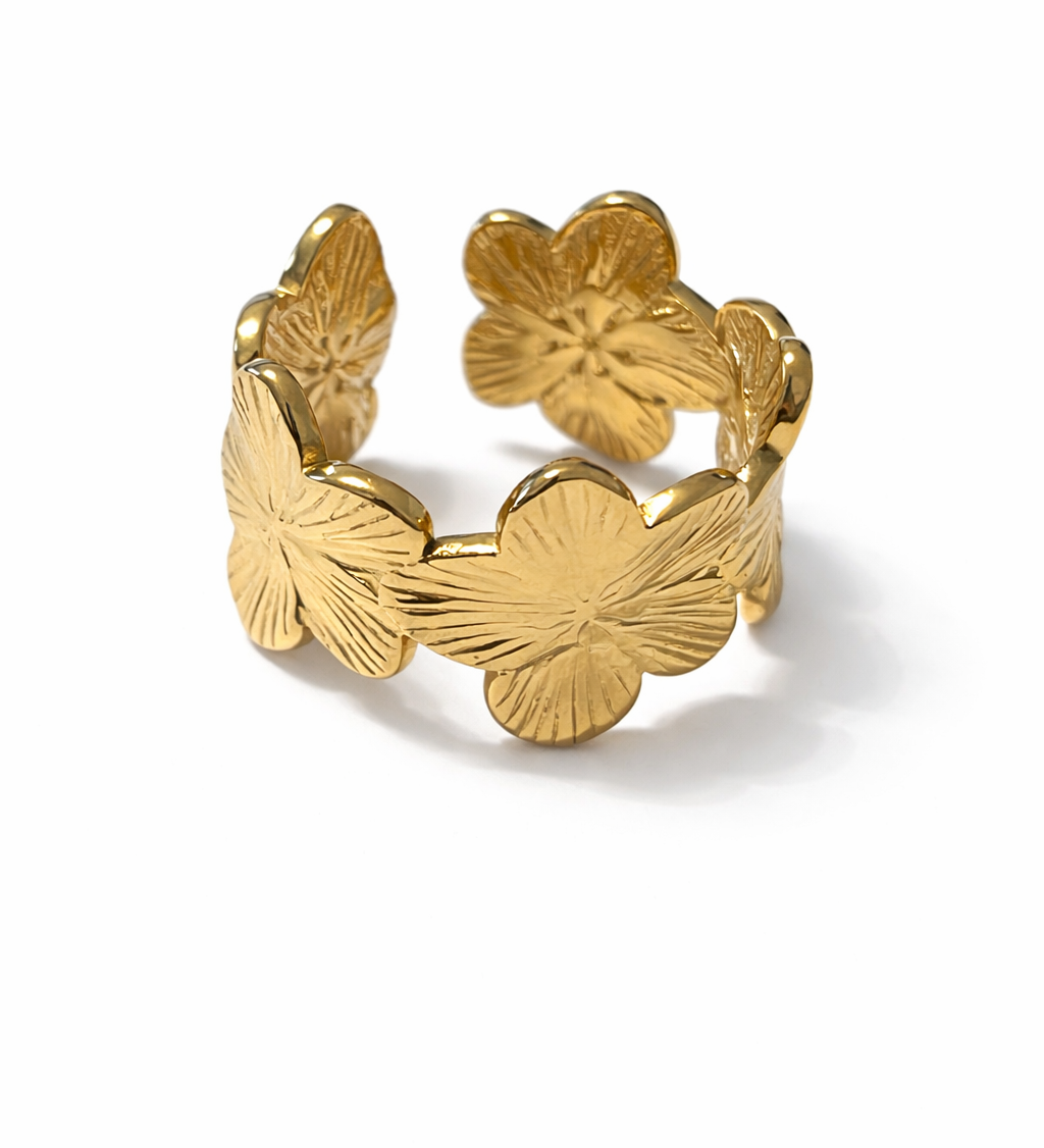 Bague ajustable dorée à motifs fleurs gravées en acier inoxydable - Ordiajade