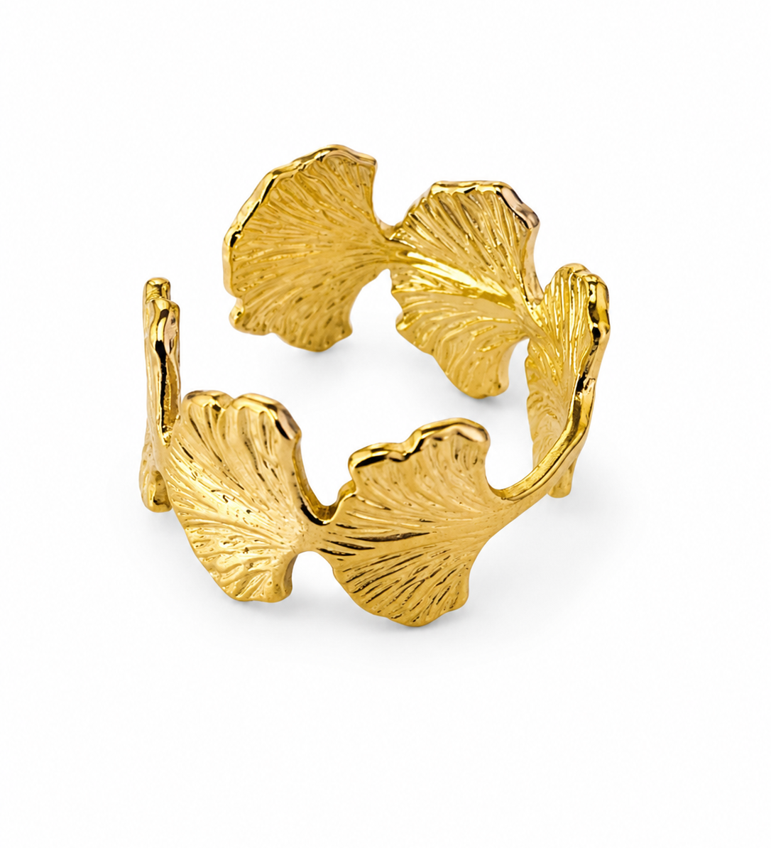 Bague ajustable Midoun en acier inoxydable doré avec motif feuilles de ginkgo texturées - Ordiajade