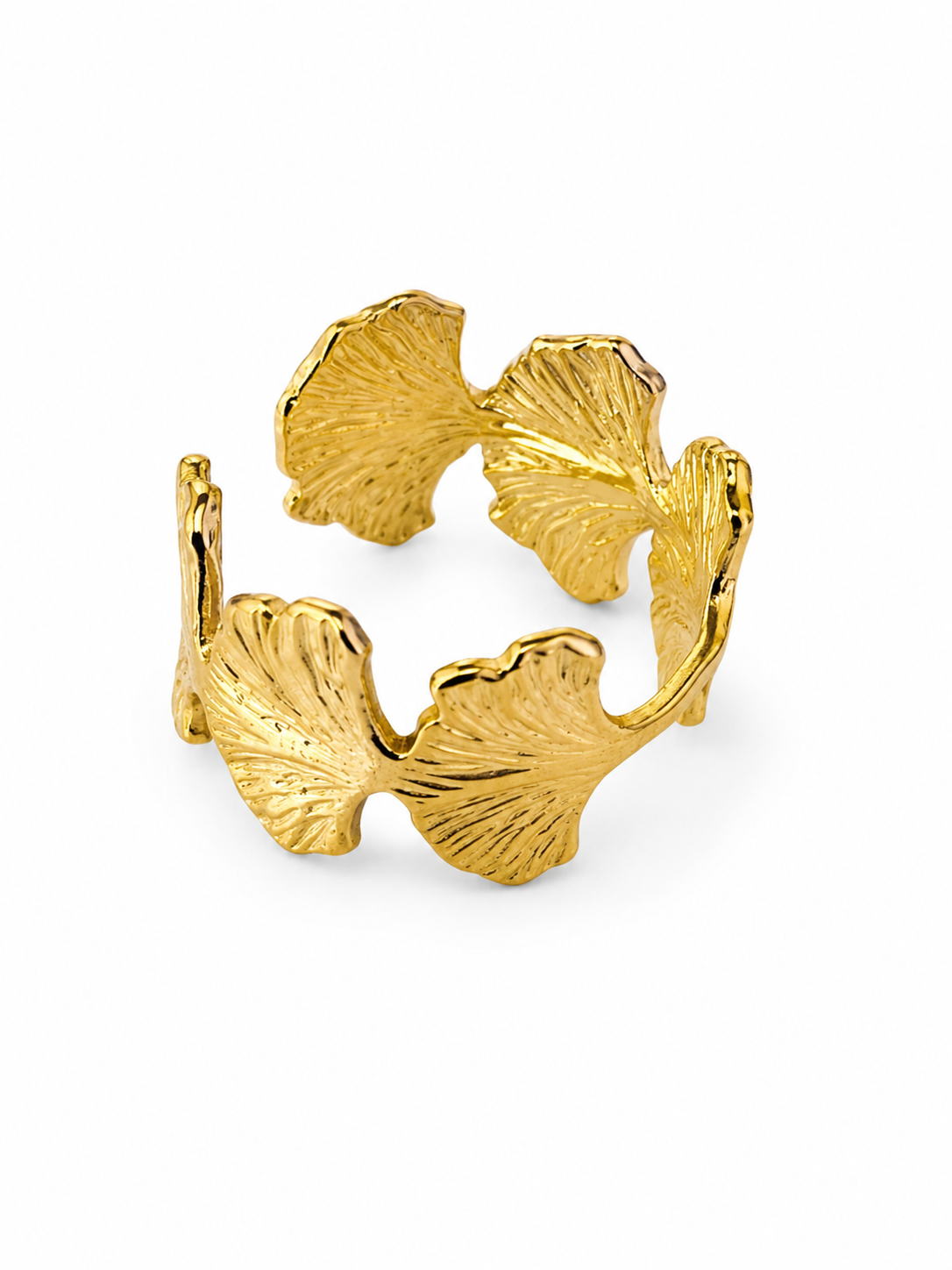 Bague ajustable Midoun en acier inoxydable doré avec motif feuilles de ginkgo texturées - Ordiajade