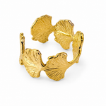 Bague ajustable Midoun en acier inoxydable doré avec motif feuilles de ginkgo texturées - Ordiajade
