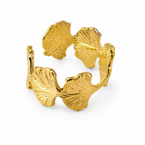 Bague ajustable Midoun en acier inoxydable doré avec motif feuilles de ginkgo texturées - Ordiajade