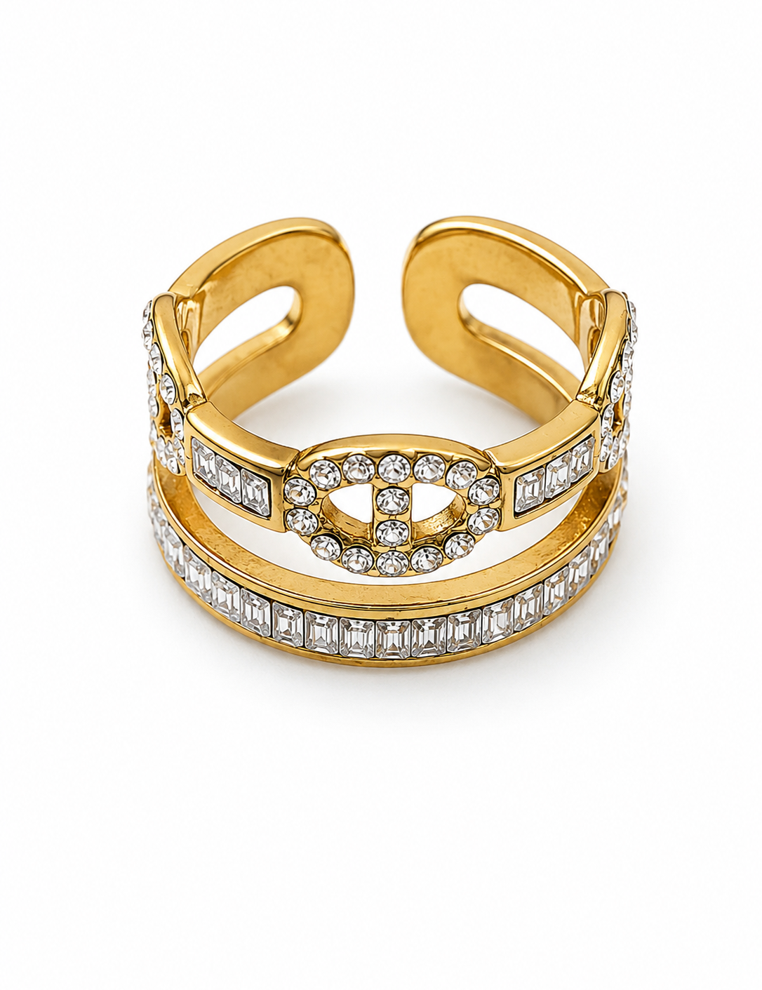 Bague ajustable double anneau Vibe en acier inoxydable doré et strass - Ordiajade