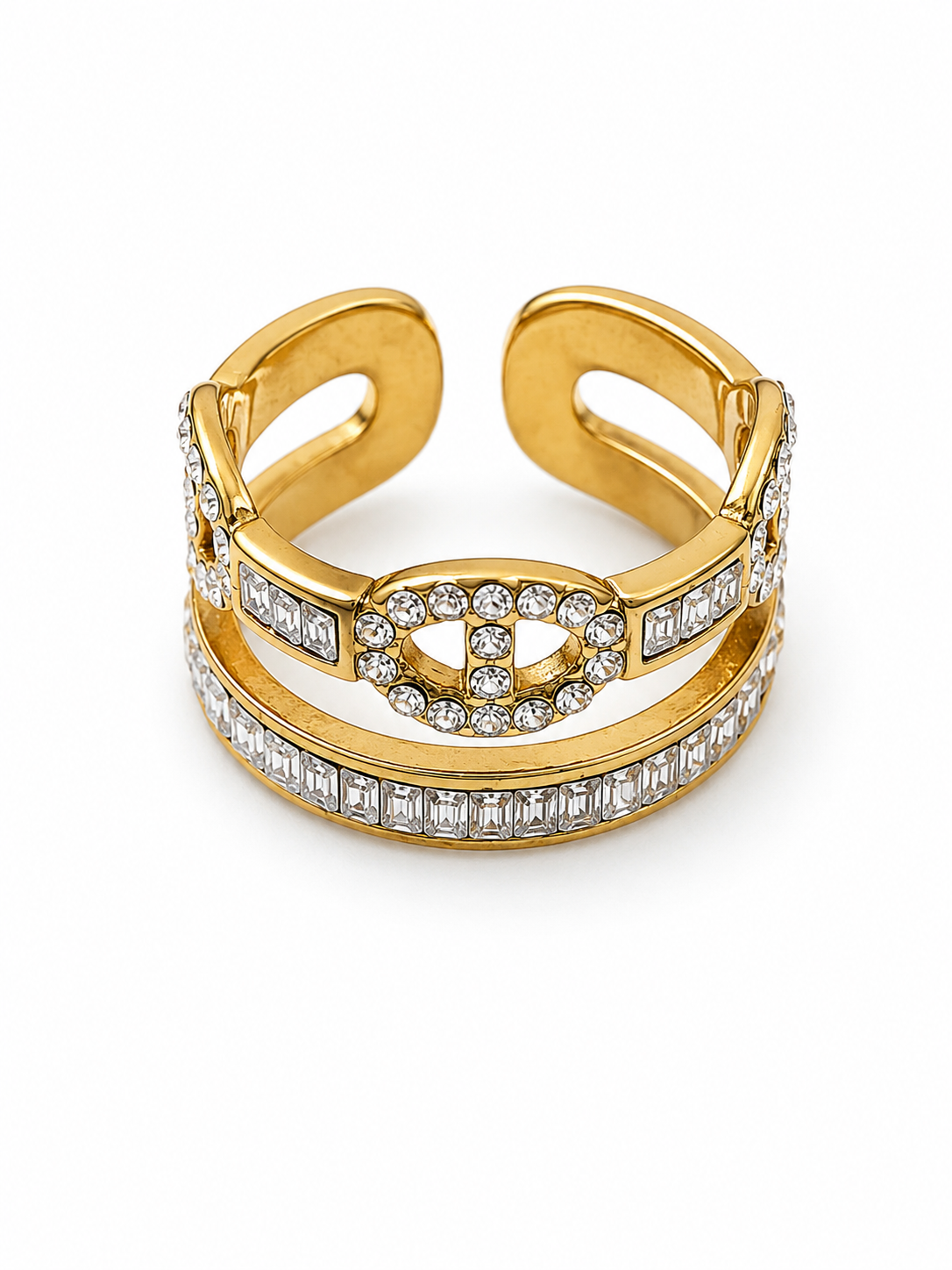 Bague ajustable double anneau Vibe en acier inoxydable doré et strass - Ordiajade