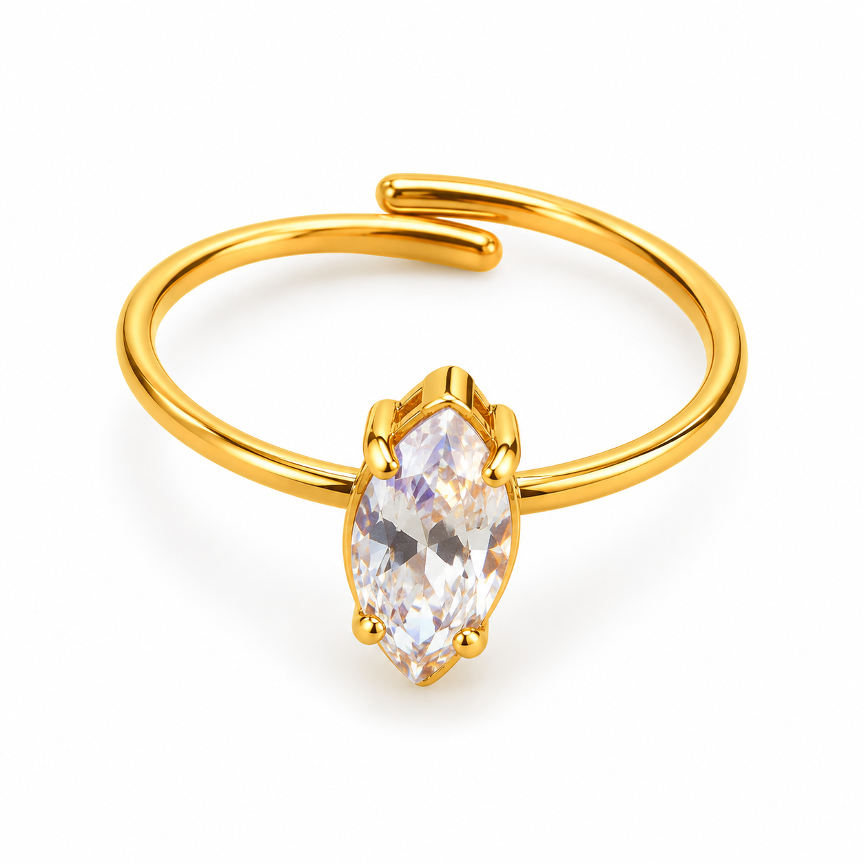 Bague solitaire Clery en acier inoxydable doré, pierre taille navette et anneau ouvert ajustable - Ordiajade