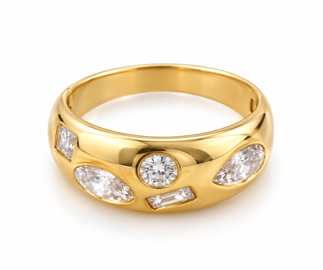 Bague dôme Cristaux en acier inoxydable doré sertie de pierres rondes, navettes et baguettes - Ordiajade