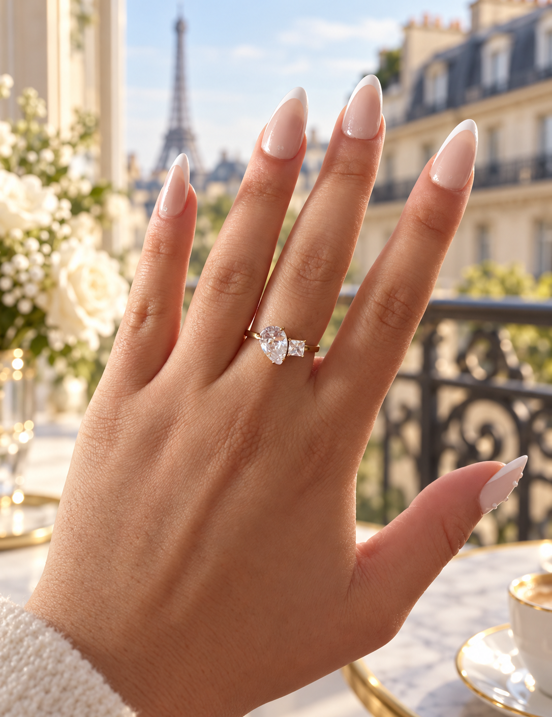 Bague Étoile toi et moi dorée portée à la main sur une terrasse parisienne avec vue sur la tour Eiffel - Ordiajade