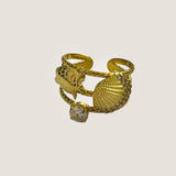 Bague Ondina trois rangs motif coquillage et strass en acier inoxydable doré - Ordiajade
