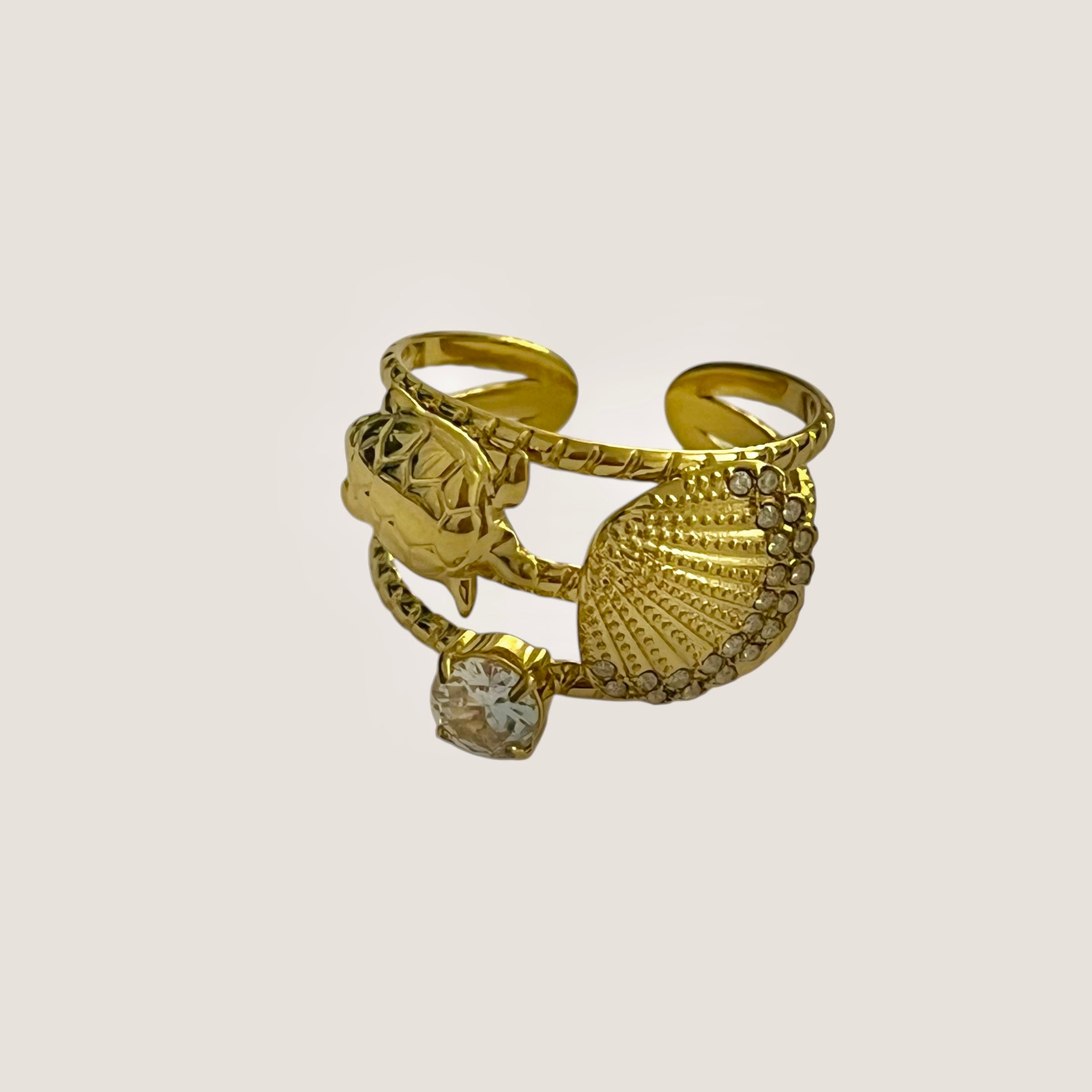Bague Ondina trois rangs motif coquillage et strass en acier inoxydable doré - Ordiajade