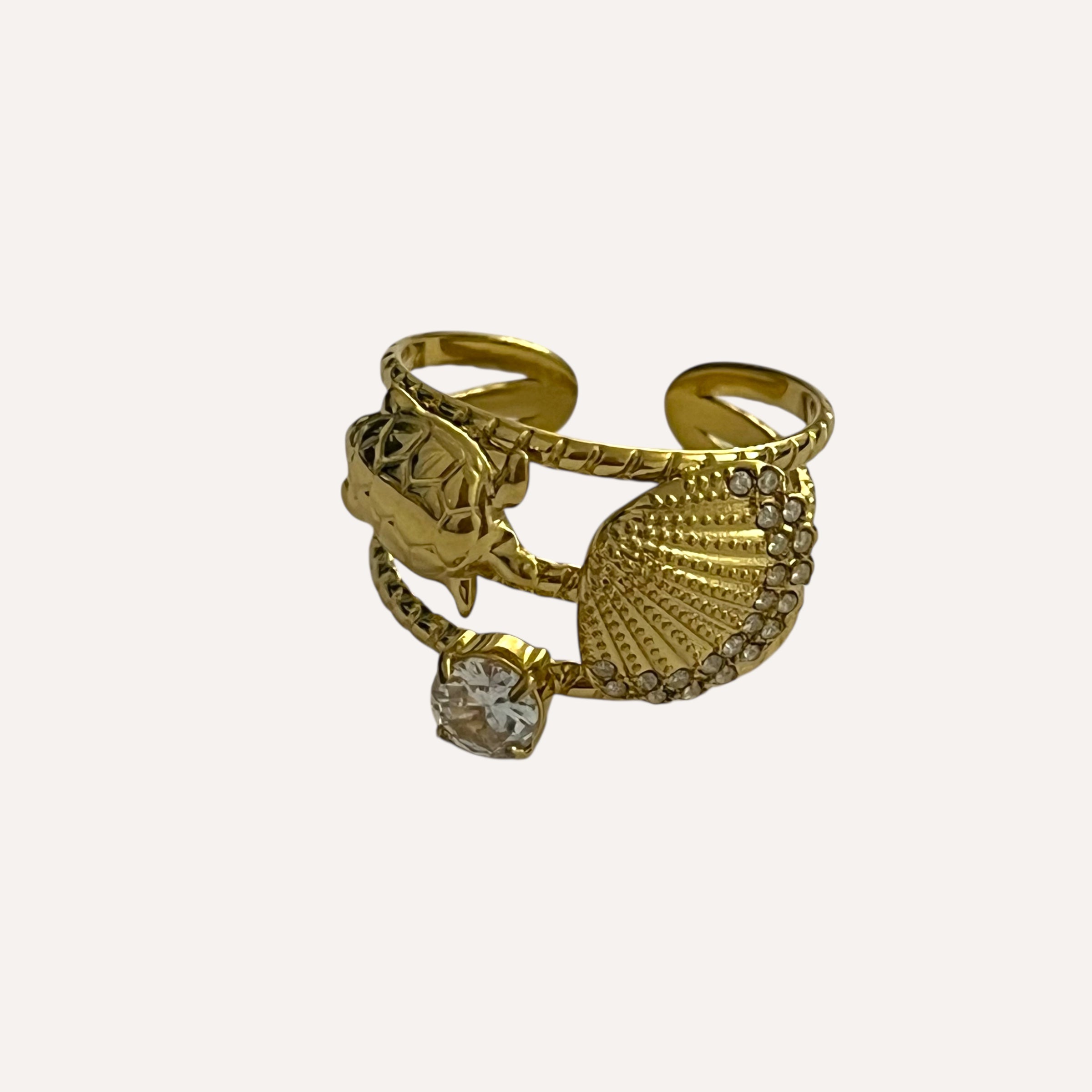 Bague Ondina ouverte et ajustable trois rangs coquillage en acier inoxydable - Ordiajade